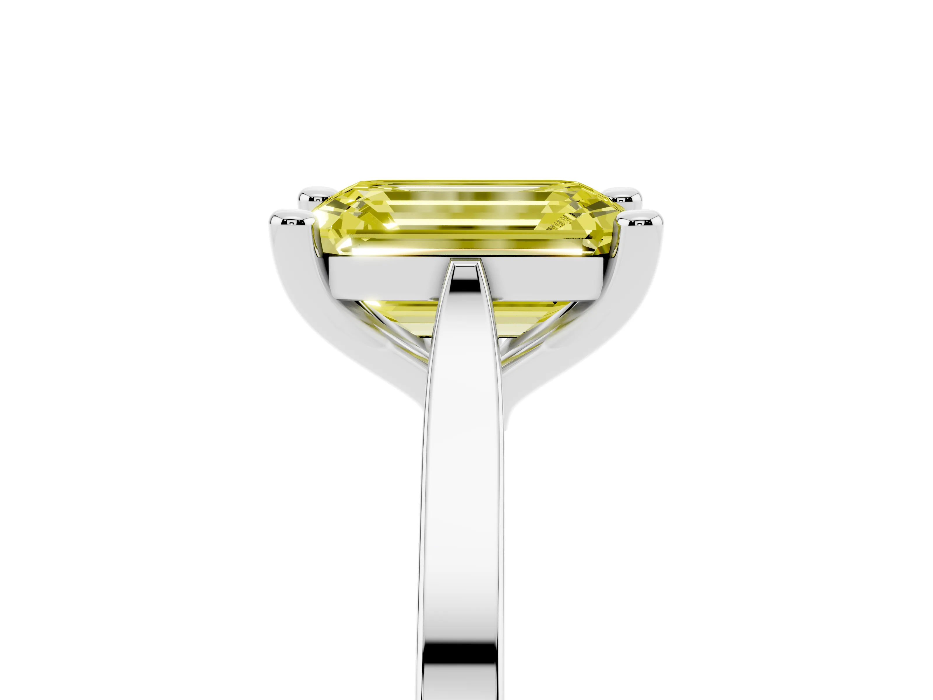 Fancy Yellow Emerald Cut Diamond Solitaire Ring Set in Silver with Prong Setting and Tapered Band