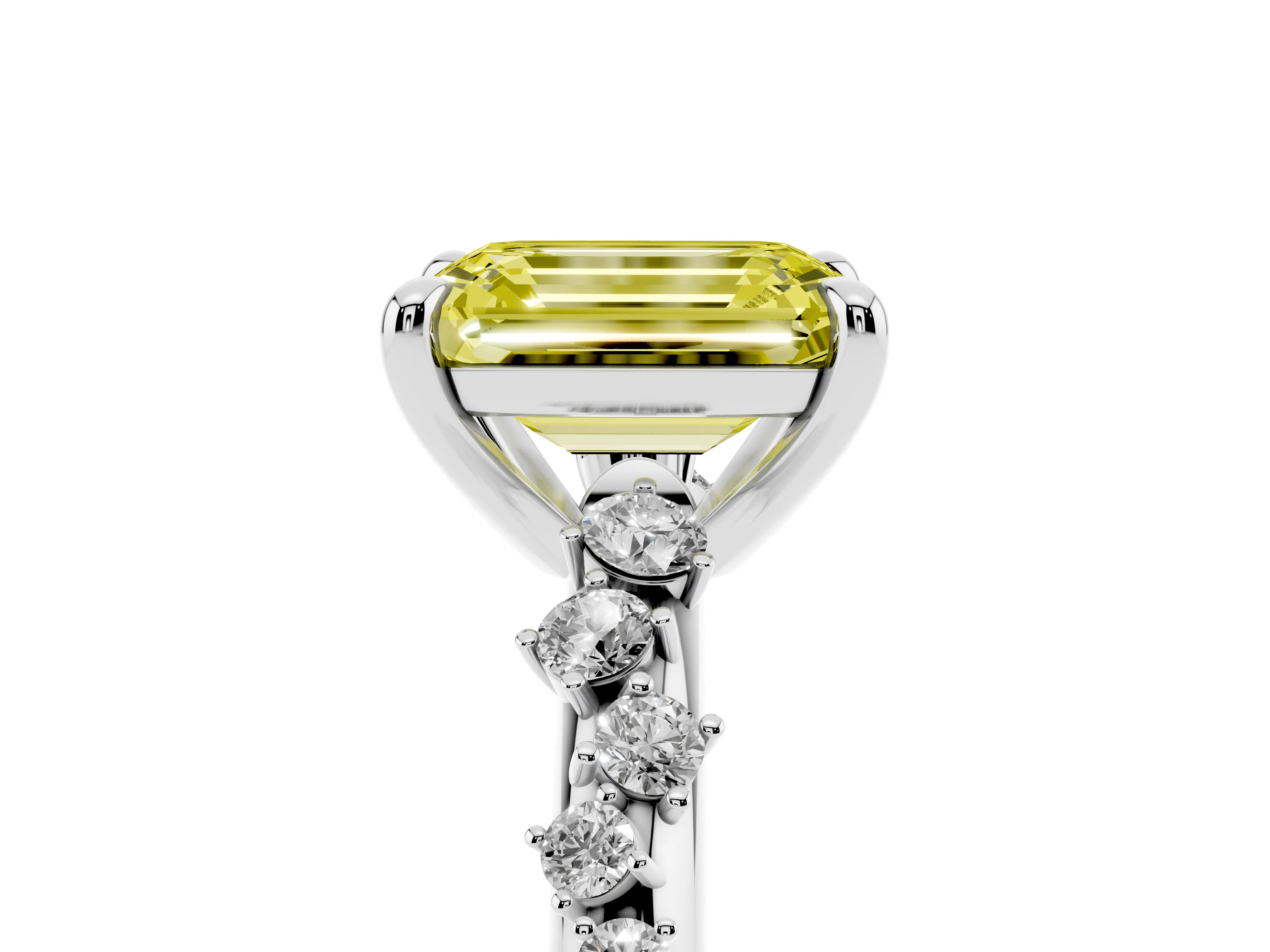 Fancy Yellow Emerald Cut Diamond Solitaire Vine Band Ring Set in White gold with Round Accents and Prong Setting