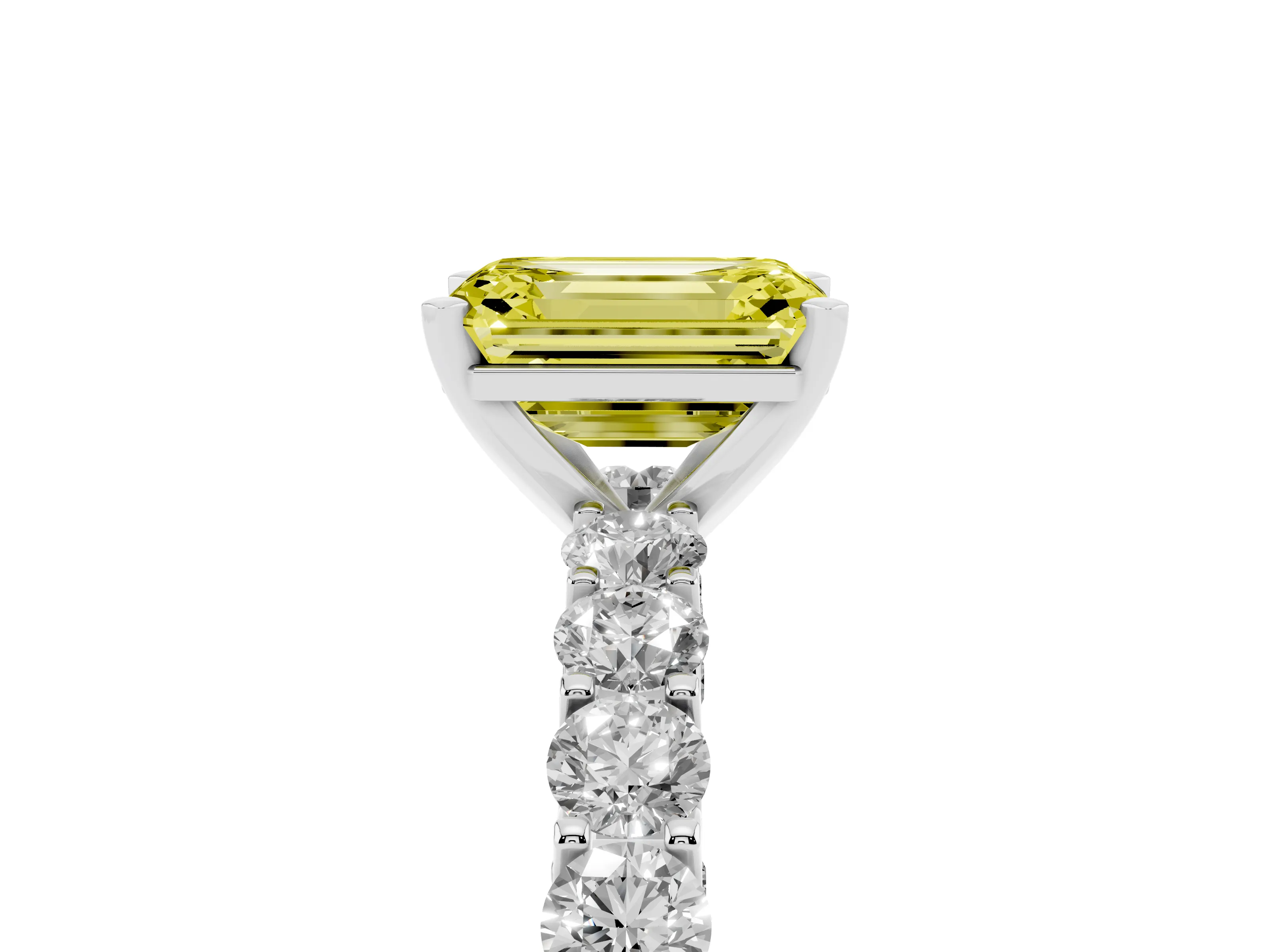 Fancy Yellow Emerald Cut Diamond Solitaire Ring Set in Silver with Shared Prong Pavé Band