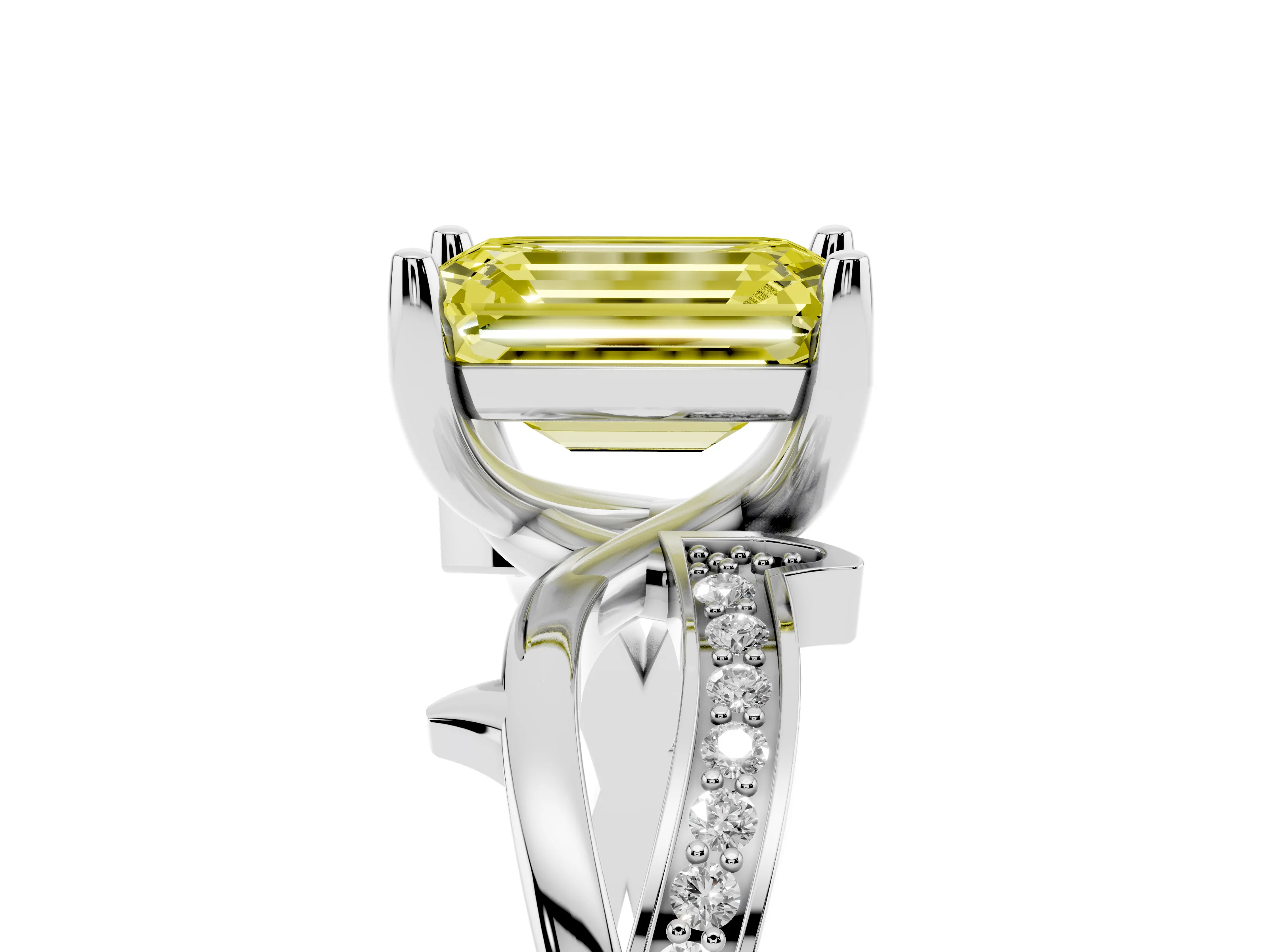 Fancy Yellow Emerald Cut Diamond Pavé Twist Band Solitaire Ring Set in Platinum with Prong Setting