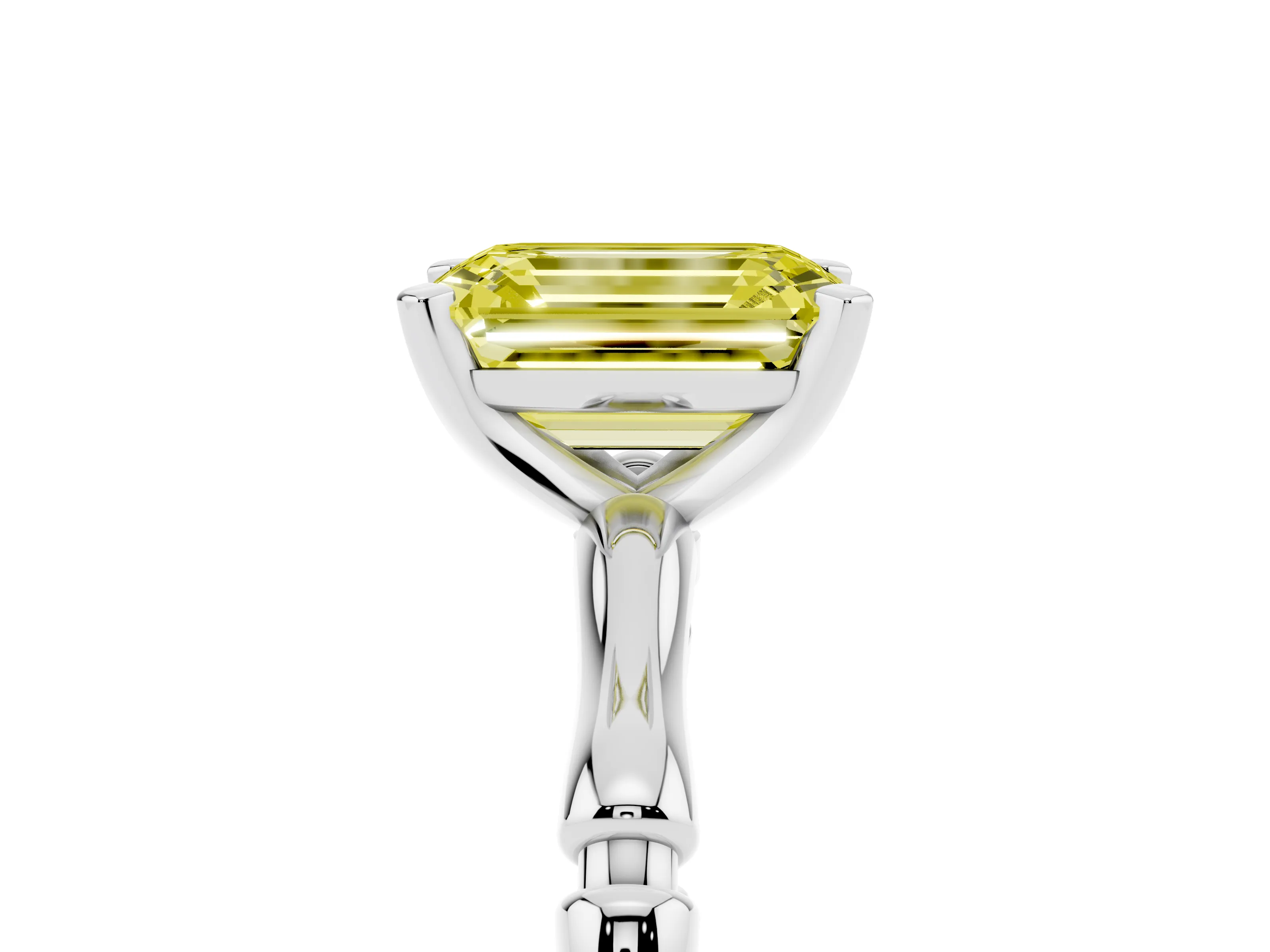 Fancy Yellow Emerald Cut Diamond Solitaire Ring Set in Platinum with Bamboo Band and Prong Setting
