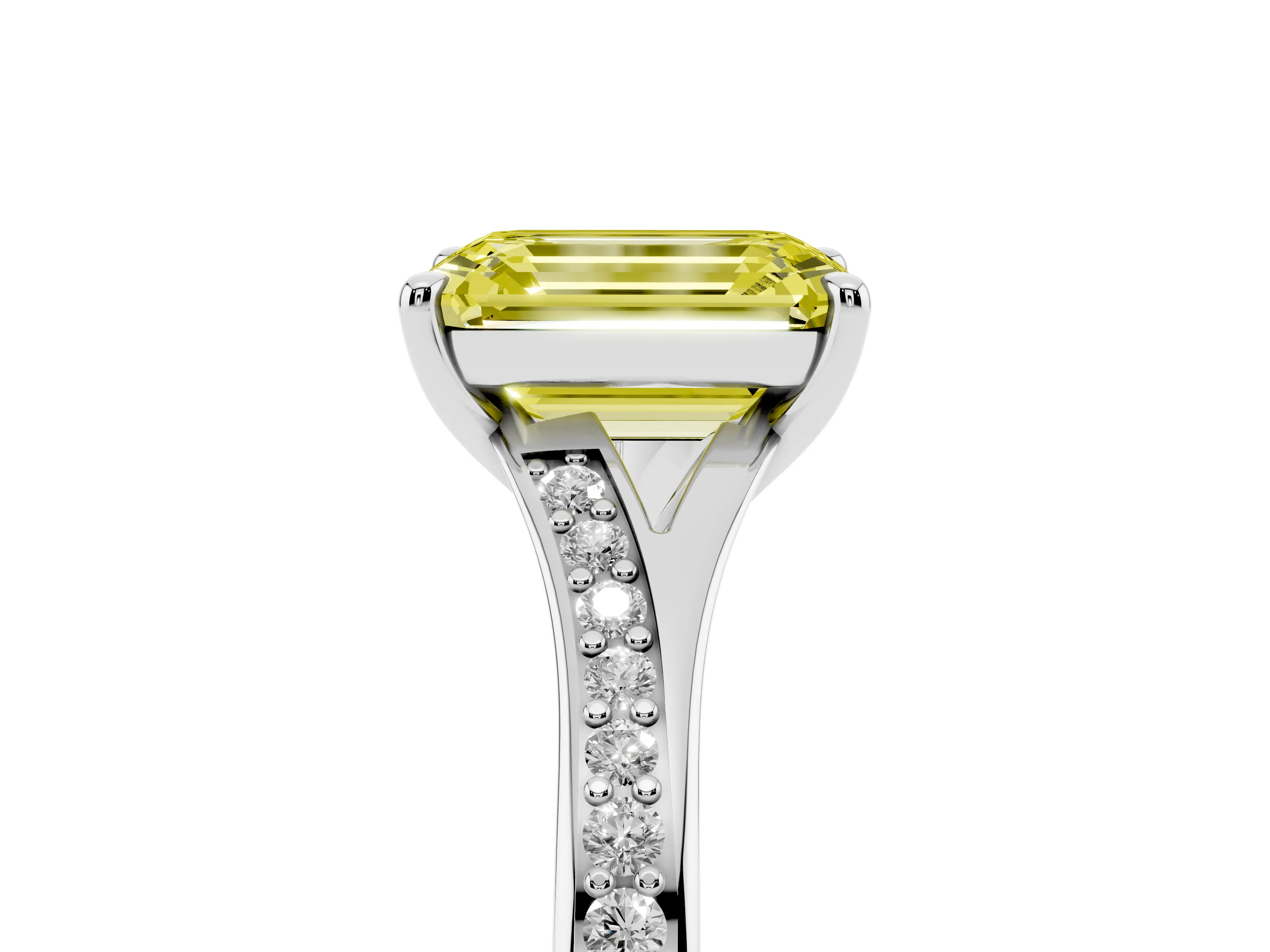 Fancy Yellow Emerald Cut Diamond Solitaire Ring Set in Silver with Pavé Accent Band and Classic Prong Setting