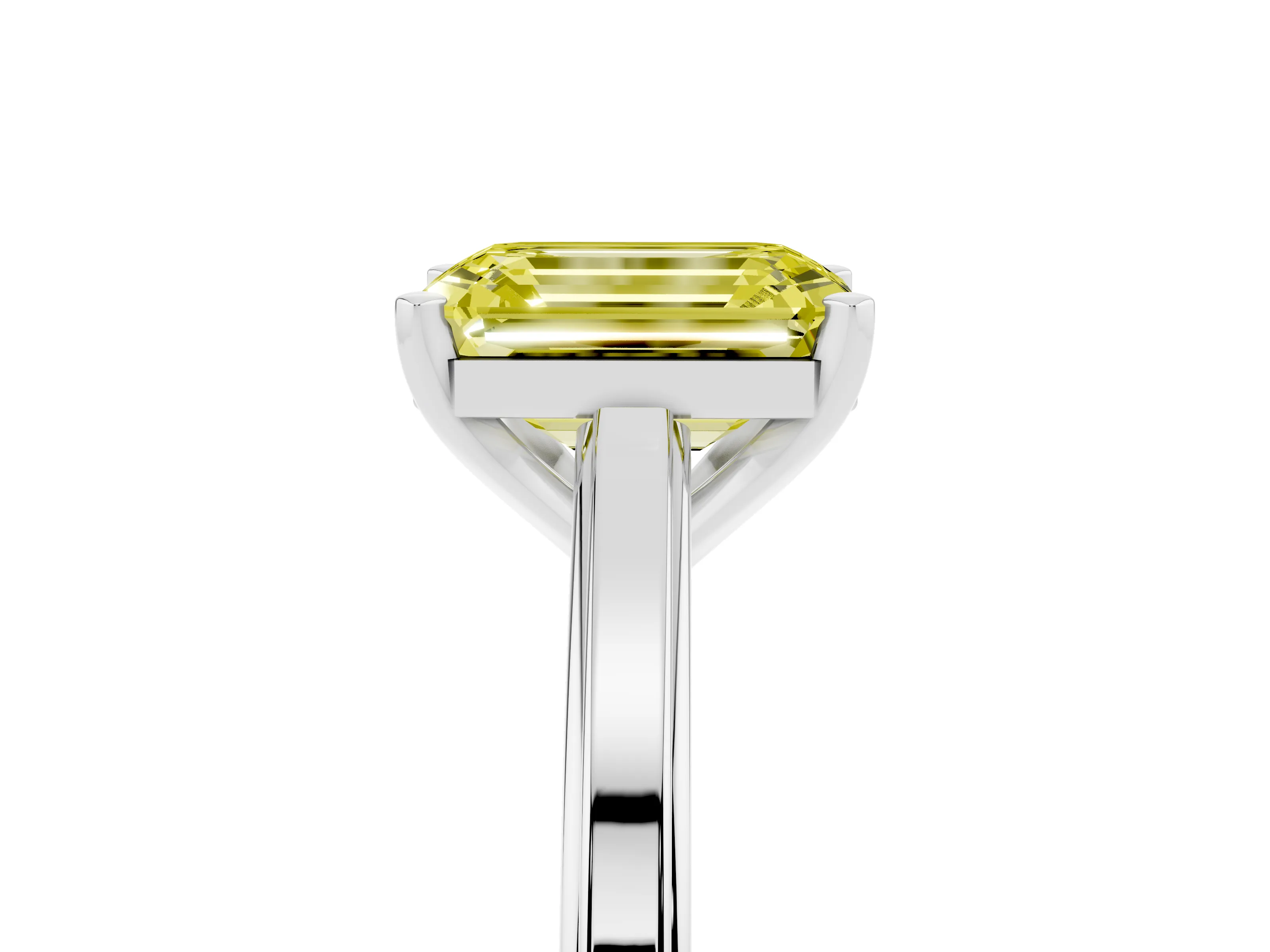 Fancy Yellow Emerald Cut Diamond Solitaire Ring Set in Platinum with Prong Setting and Classic Band