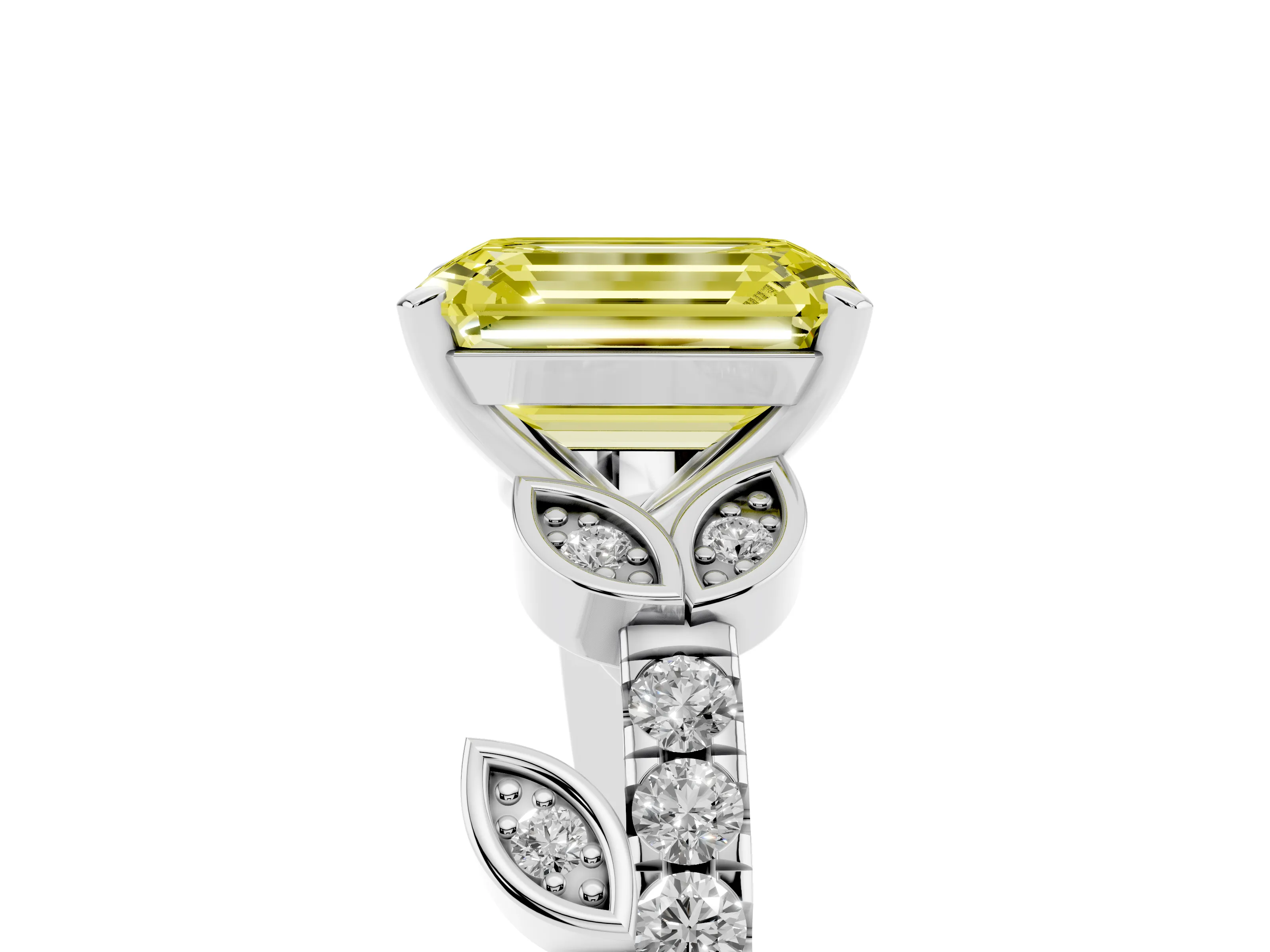 Fancy Yellow Emerald Cut Diamond Solitaire Leaf-Inspired Ring Set in Silver with Pavé Band and Prong Setting