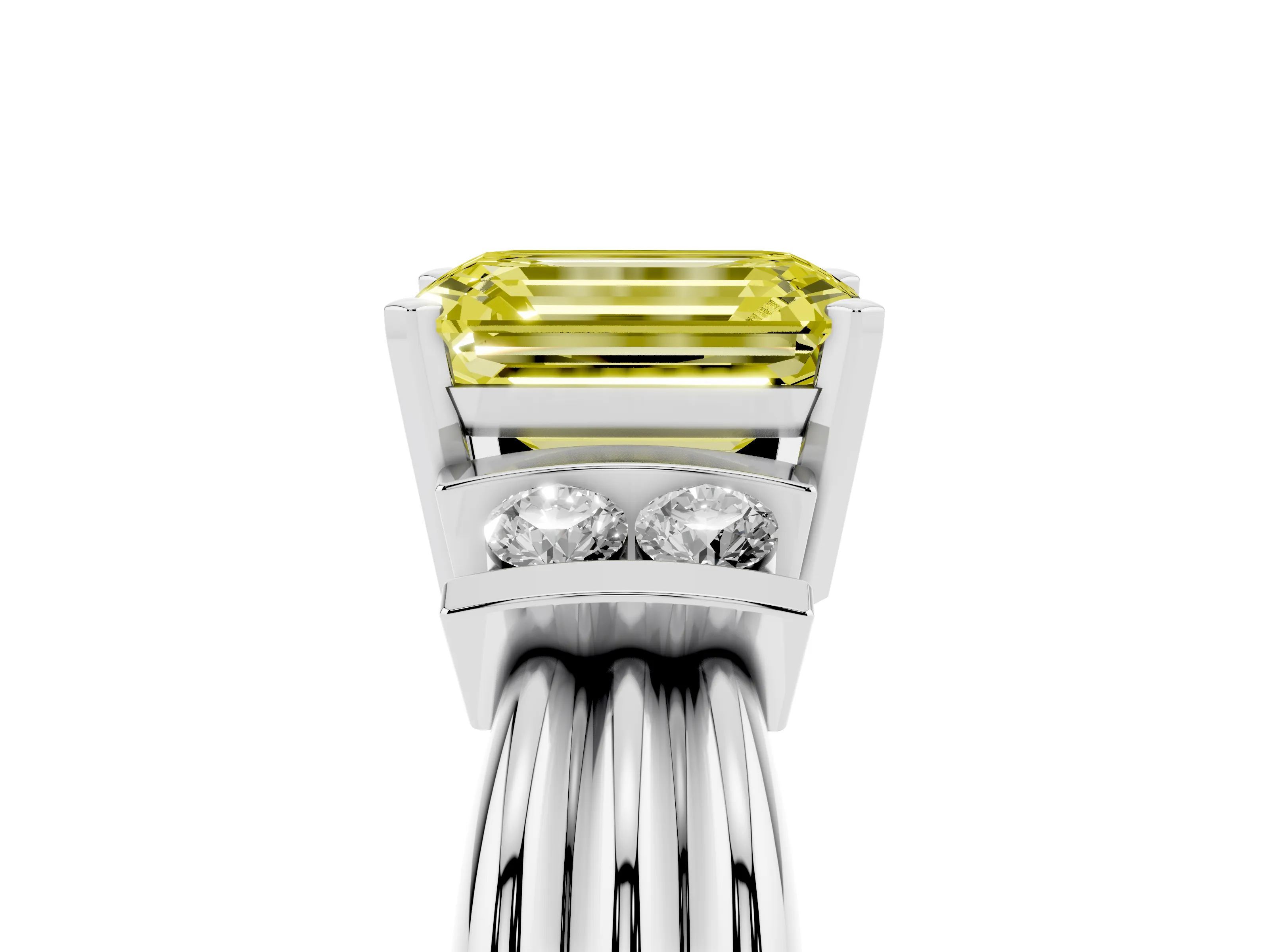 Fancy Yellow Three-Stone Emerald Cut Diamond Channel Set Ring Set in Silver with Bar Prongs