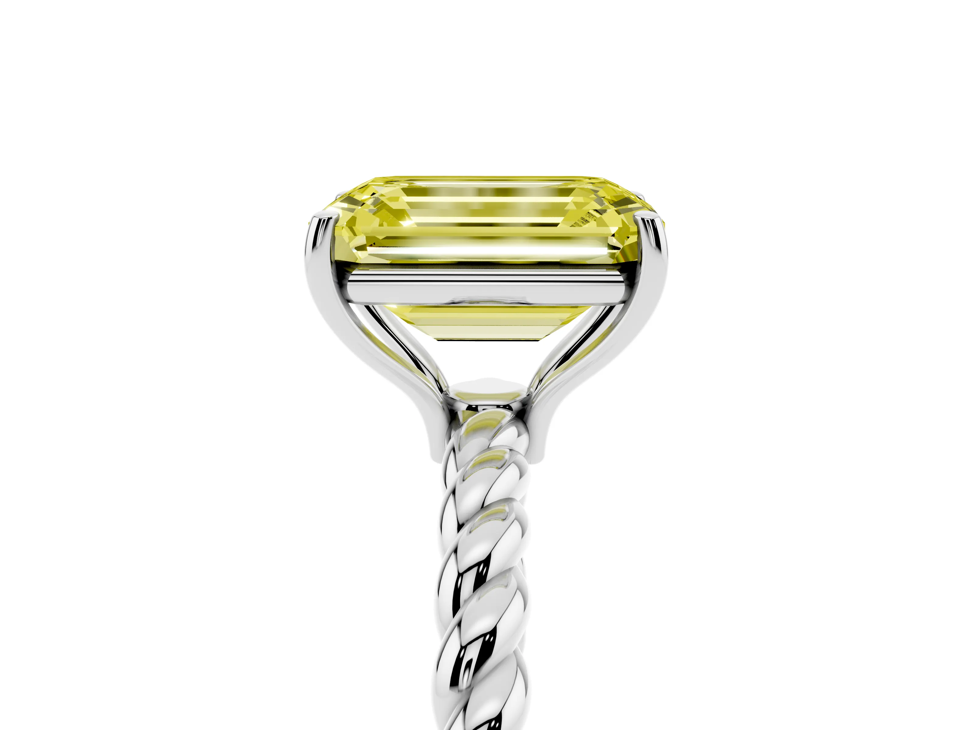 Fancy Yellow Emerald Cut Diamond Solitaire Ring Set in White gold with Twist Band and Prong Setting