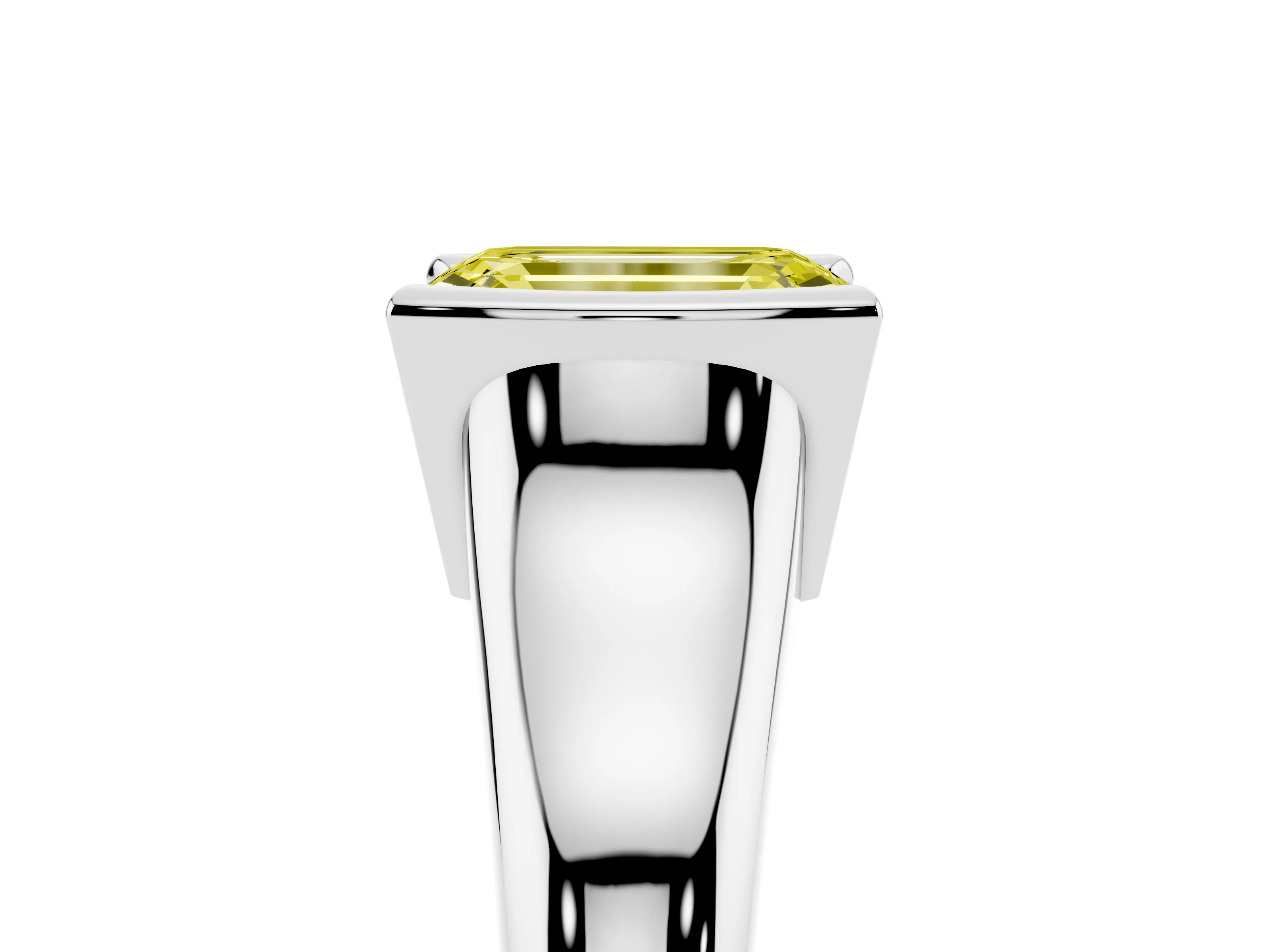 Fancy Yellow Emerald Cut Diamond Solitaire Tension Set Ring Set in White gold with Split Shank Band