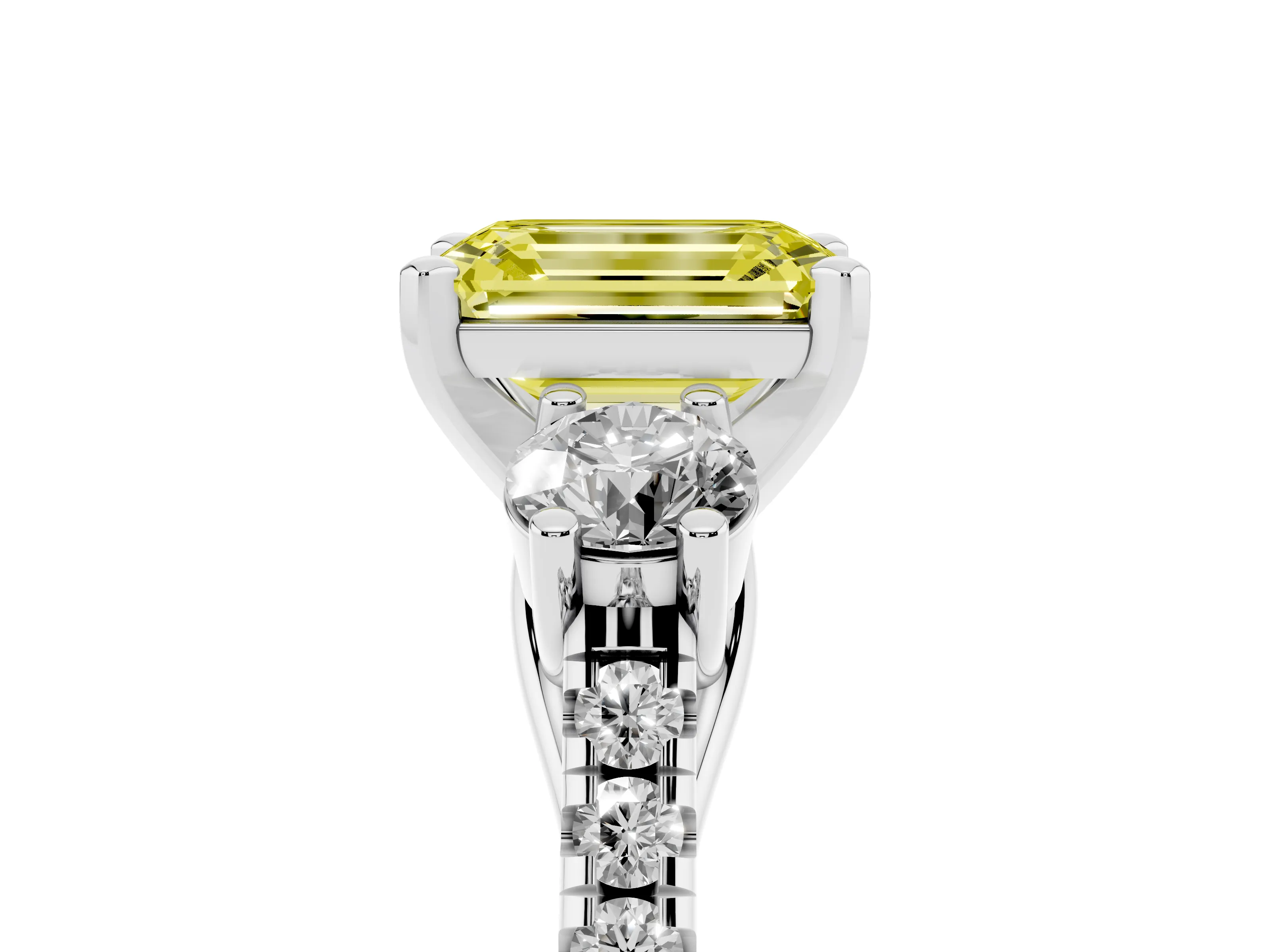 Fancy Yellow Three-Stone Emerald Cut Diamond Pavé Band Ring Set in White gold with Prong-Set Trio