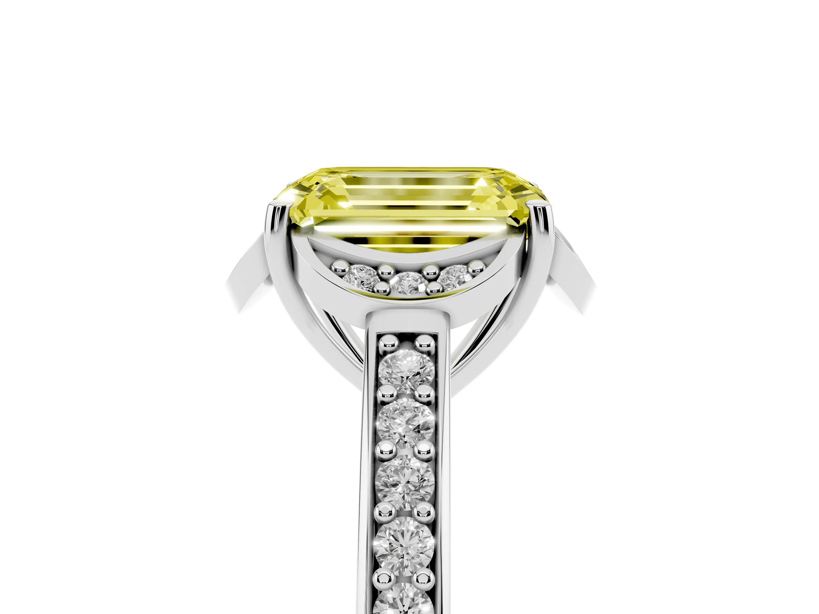 Fancy Yellow Emerald Cut Diamond Halo Ring Set in White gold with Channel Set Band and Prong Setting