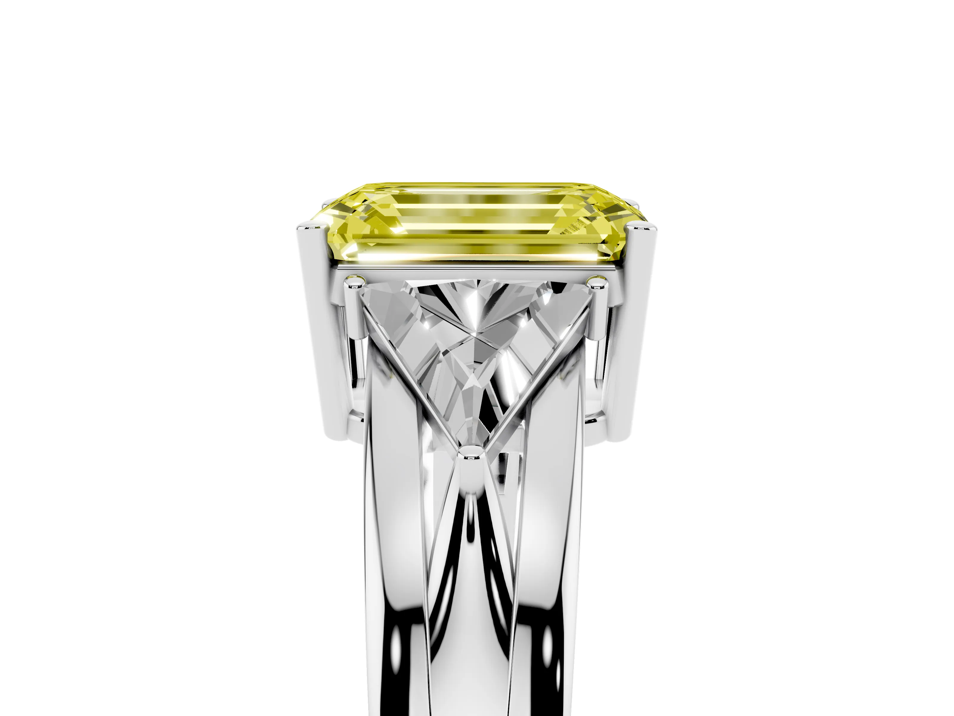 Fancy Yellow Emerald Cut Diamond Three-Stone Ring Set in Silver with Trillion Side Stones and Split Shank