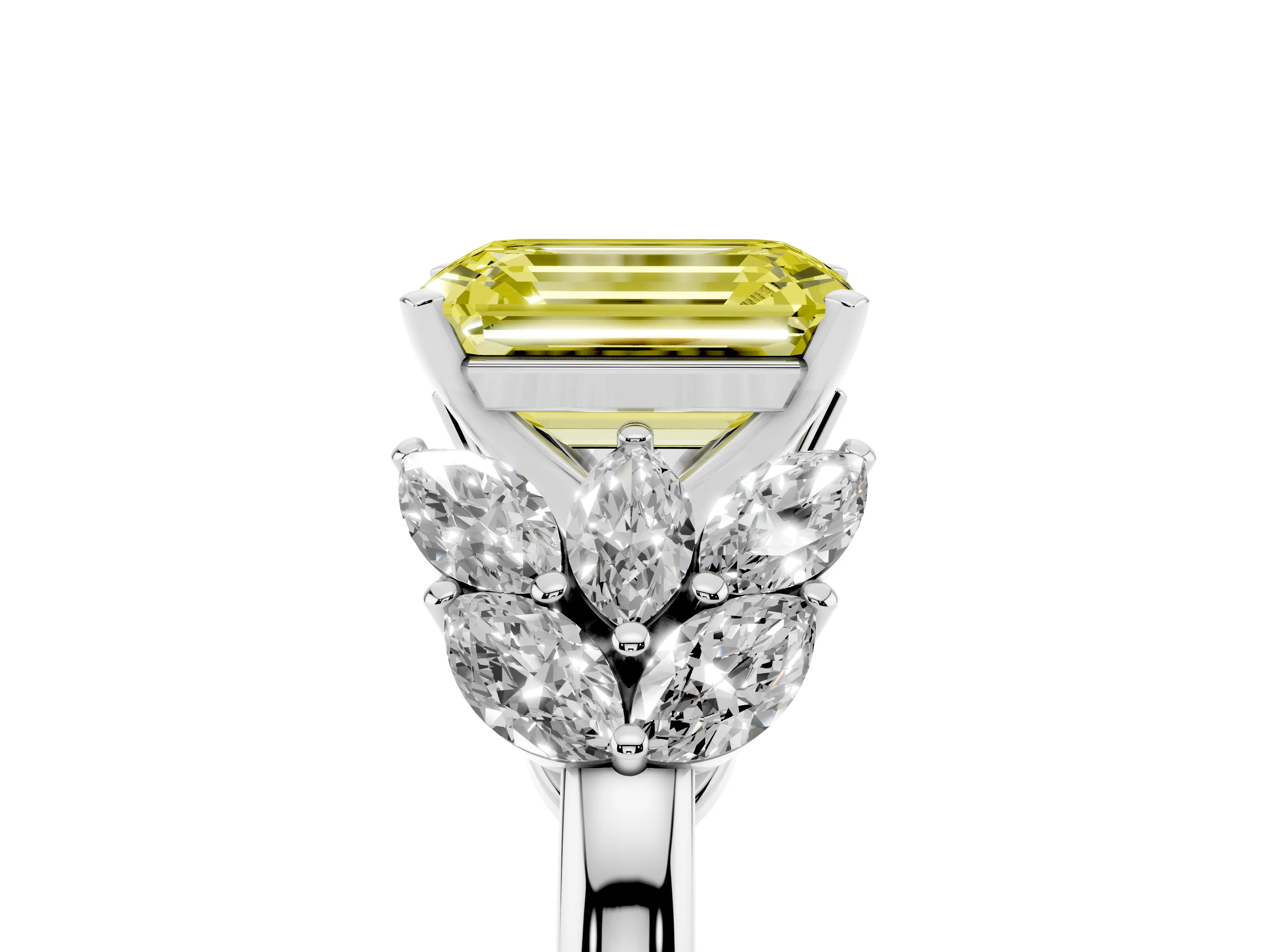 Fancy Yellow Emerald Cut Diamond Cluster Leaf Design Ring Set in Platinum with Prong Setting