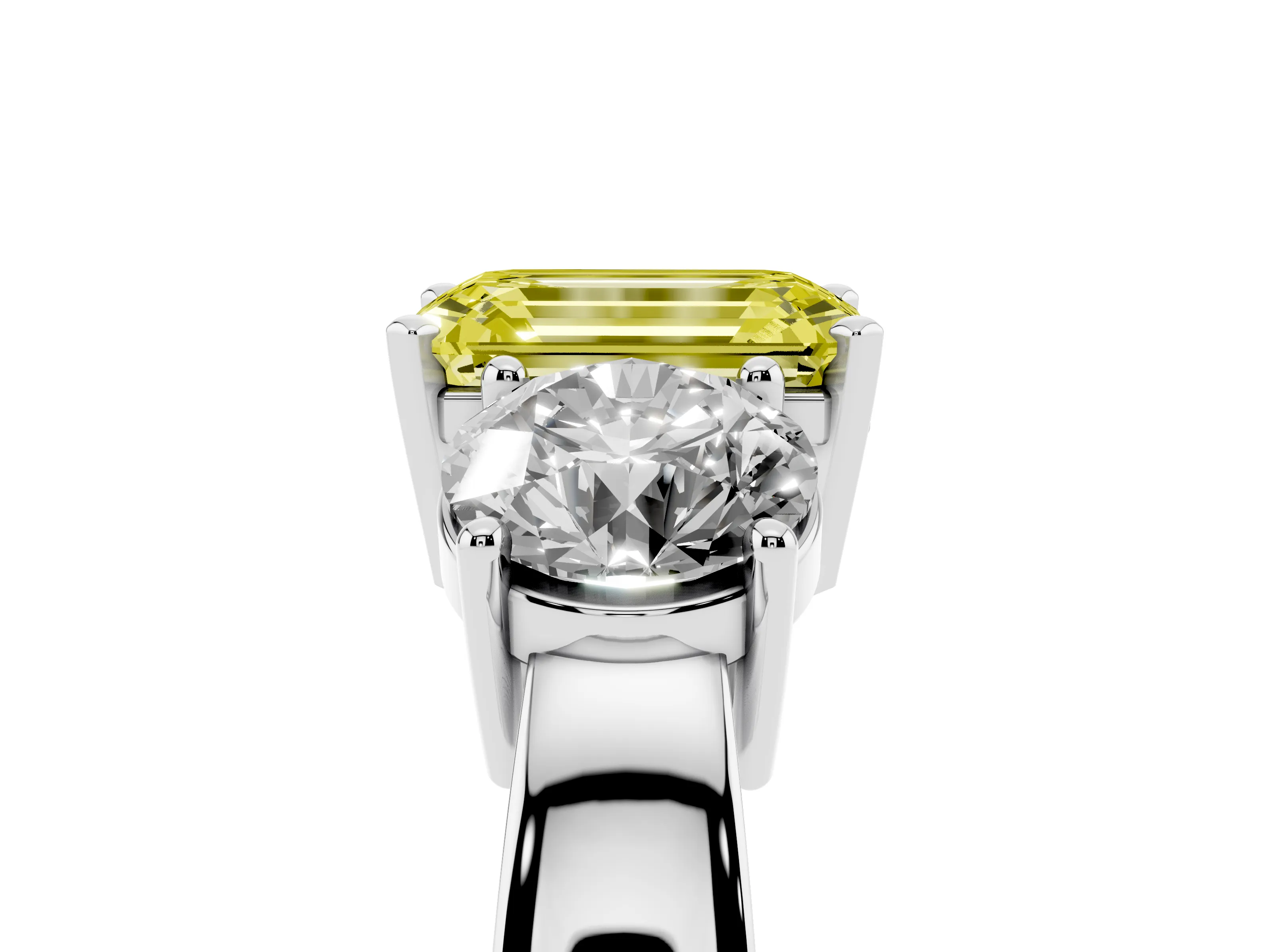 Fancy Yellow Emerald Cut Diamond Three-Stone Ring Set in White gold with Round Side Stones and Classic Band