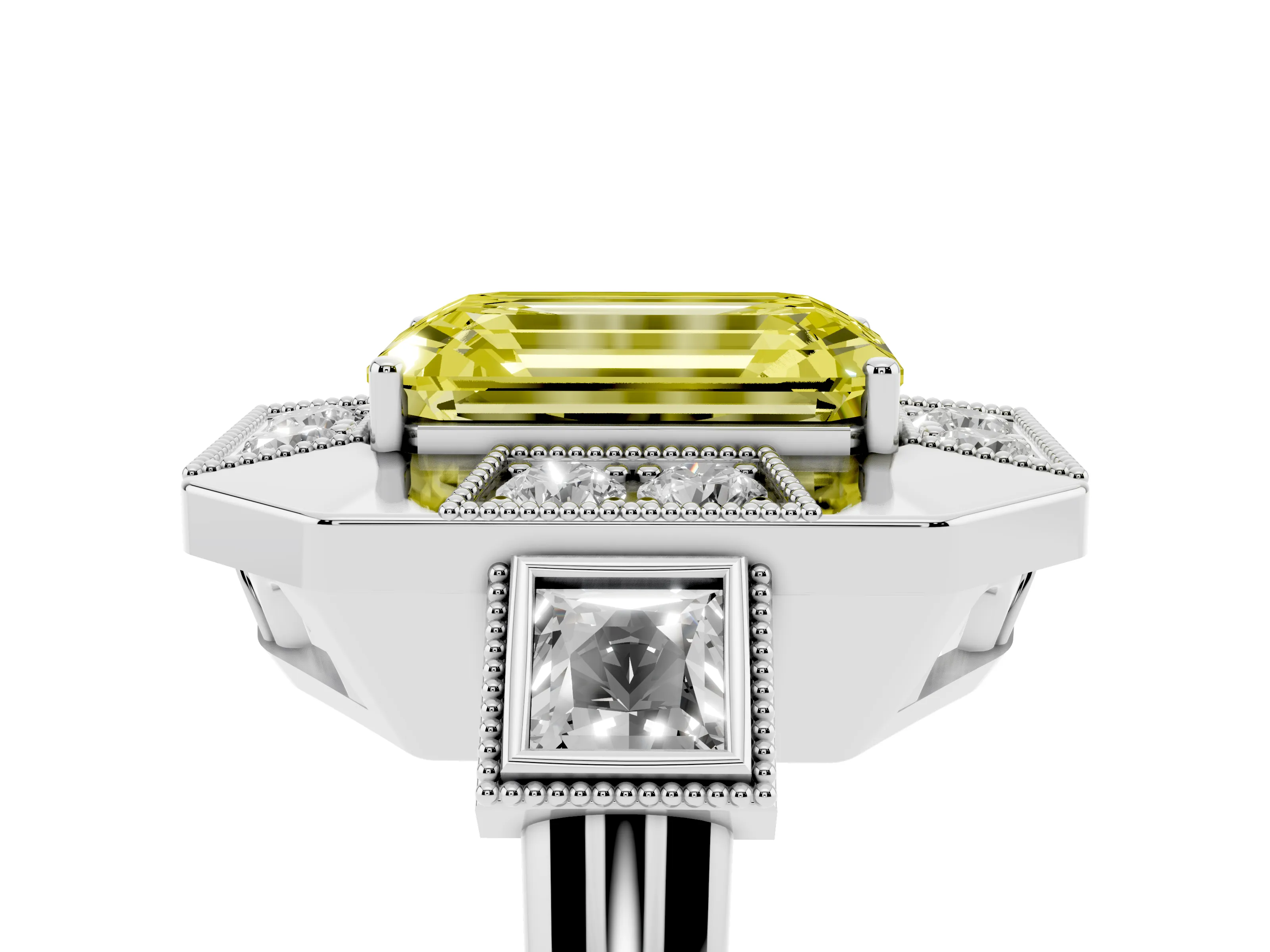 Fancy Yellow Emerald Cut Diamond Milgrain Halo Ring Set in Silver with Split Shank