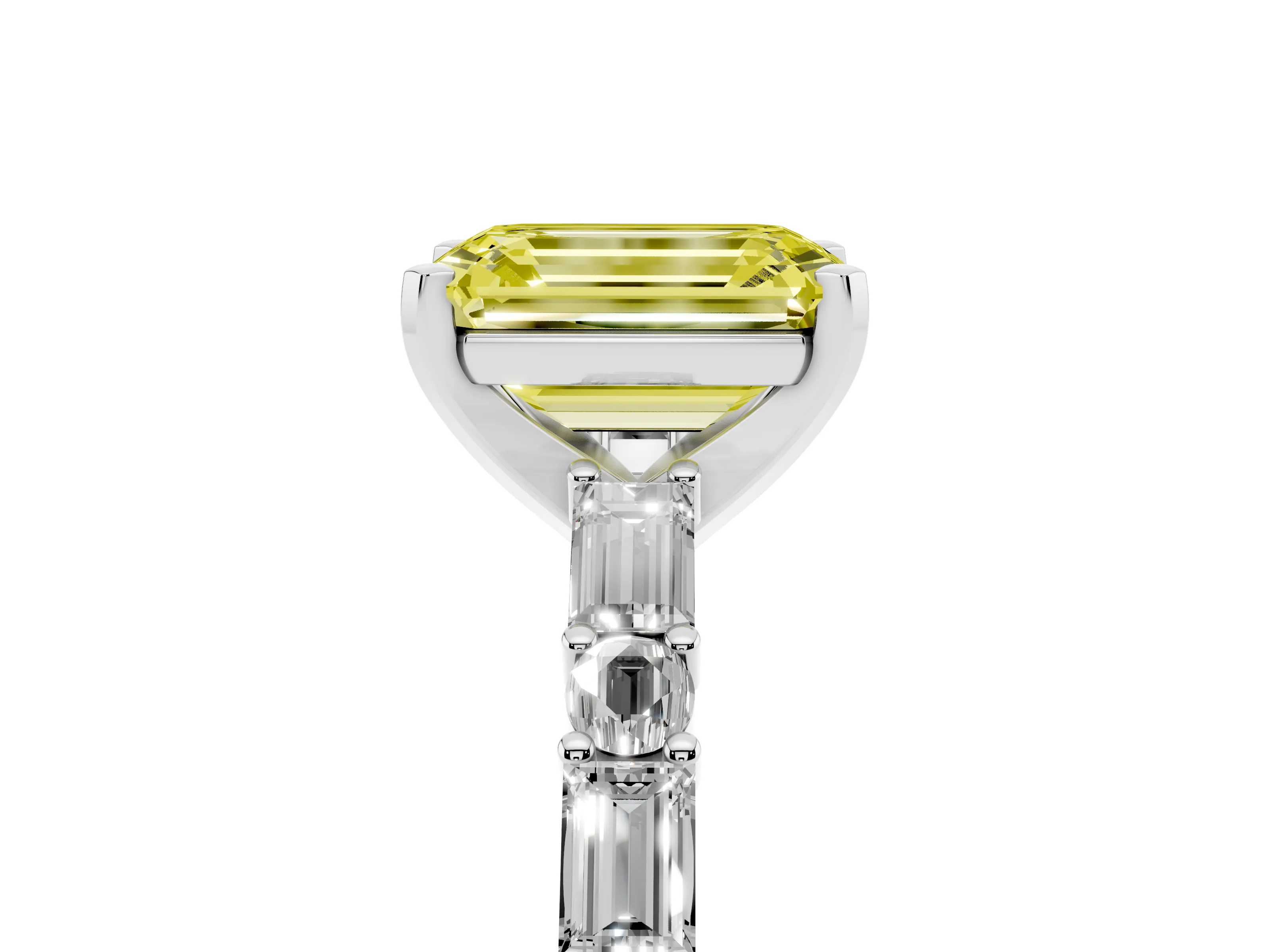 Fancy Yellow Emerald Cut Diamond Solitaire Set in Platinum with Side Baguettes and Channel Set Band