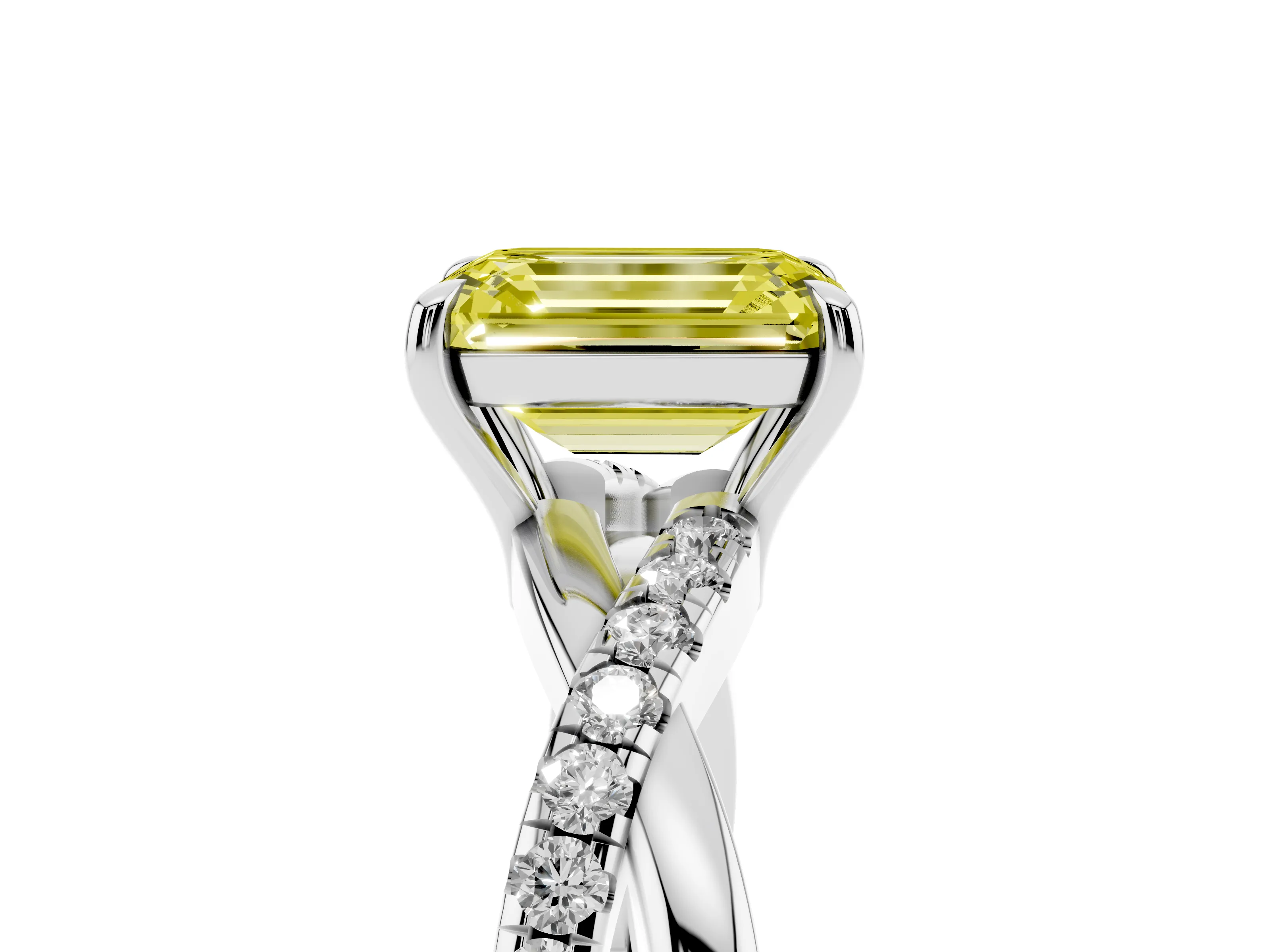 Fancy Yellow Emerald Cut Diamond Twisted Pavé Band Ring Set in Platinum with Prong Setting