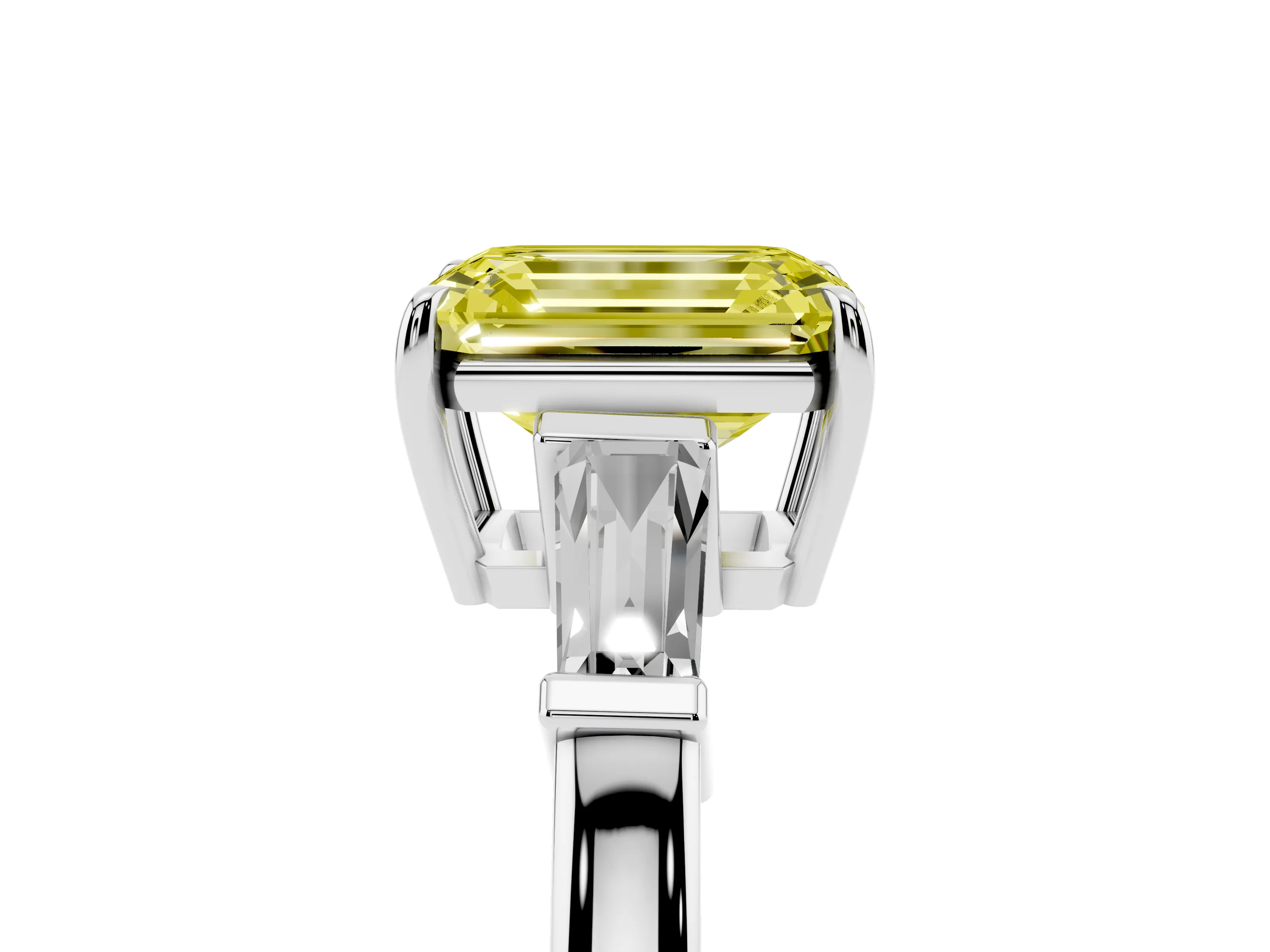 Fancy Yellow Emerald Cut Diamond Three-Stone Ring Set in Platinum with Tapered Baguette Side Stones and Prong Setting