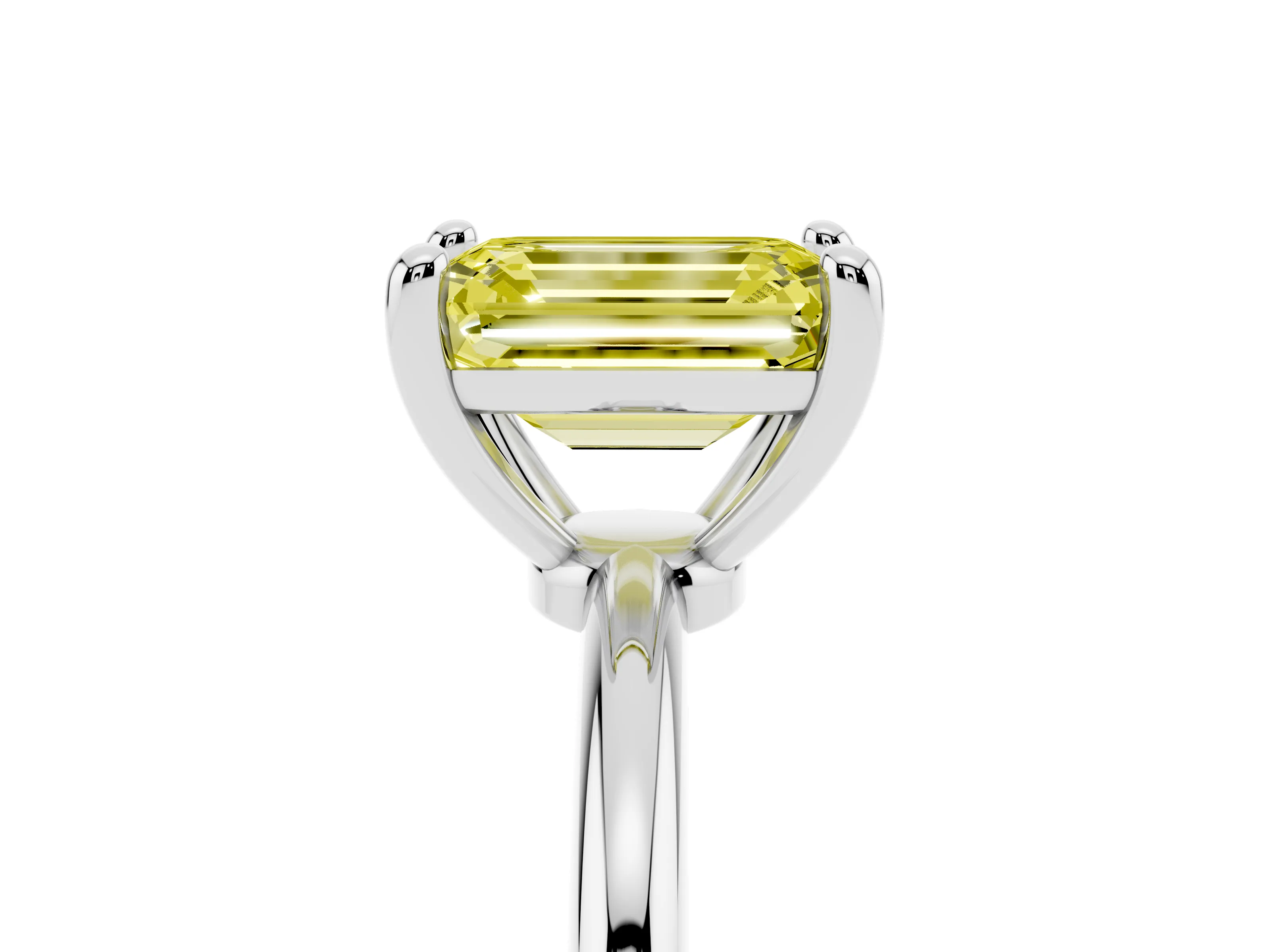 Fancy Yellow Emerald Cut Diamond Solitaire Ring Set in White gold with Secure Prong Setting on a Classic Band