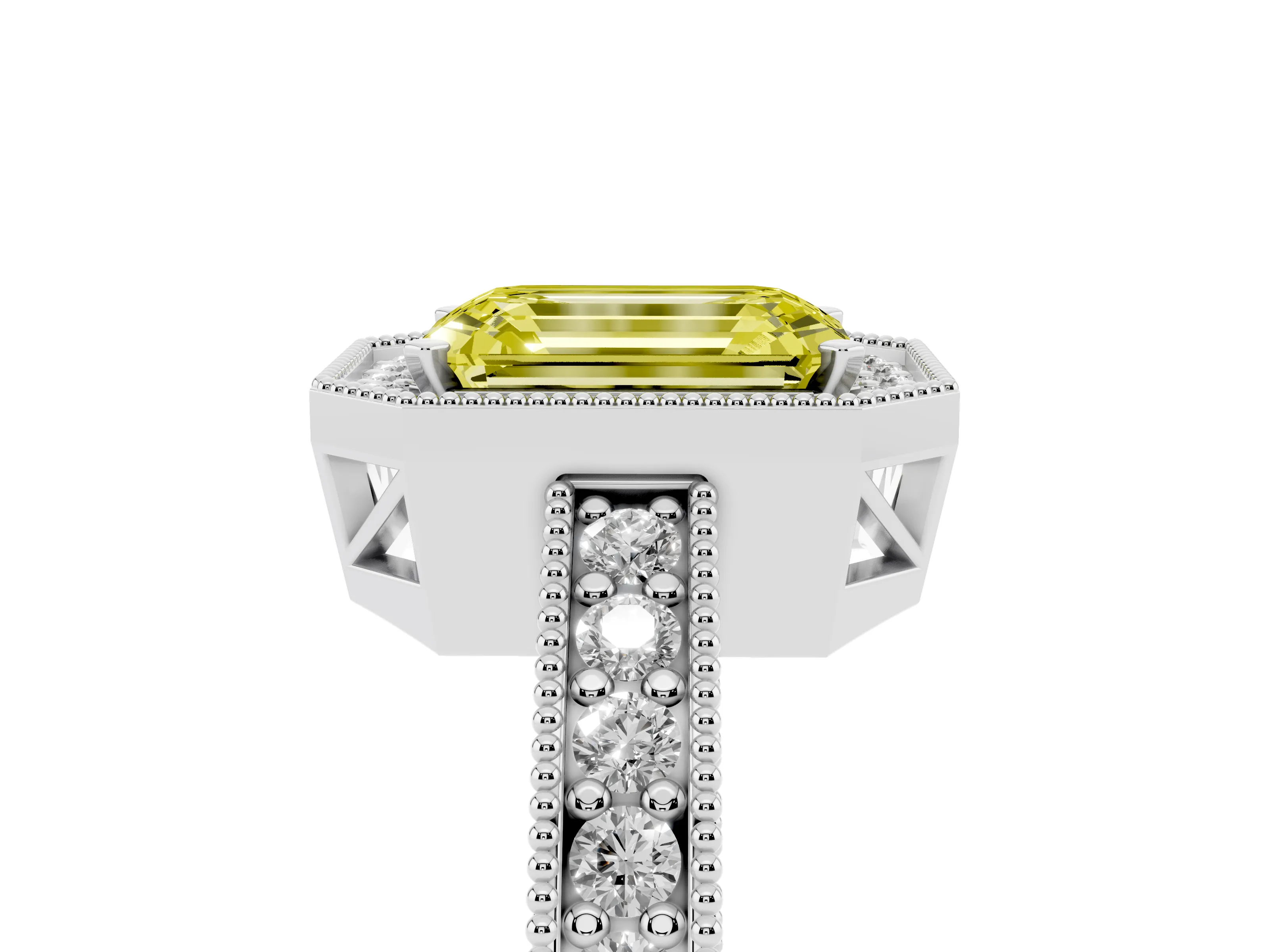 Fancy Yellow Emerald Cut Diamond Halo Pavé Band Ring Set in Platinum with Prong-Set Center