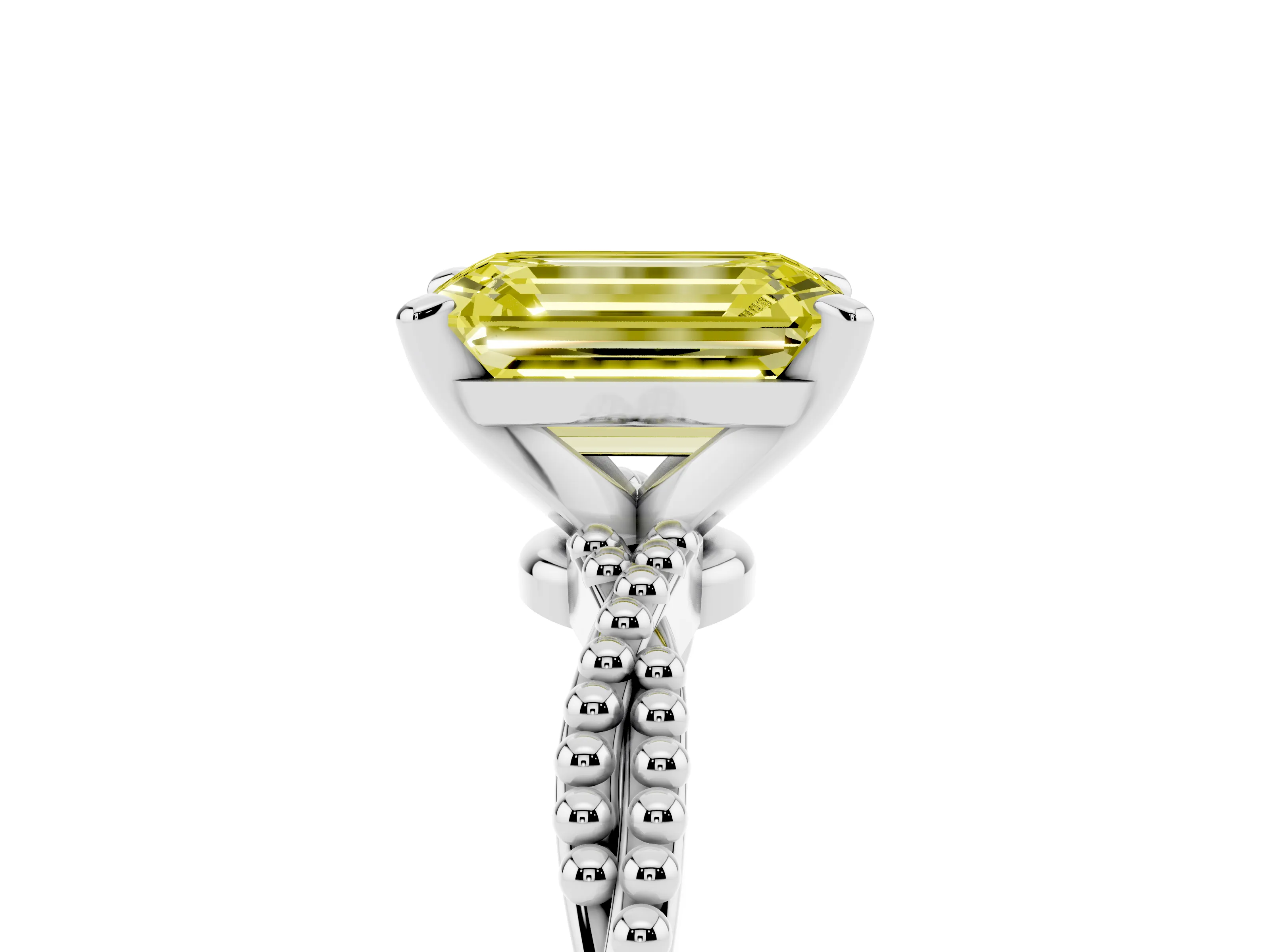 Fancy Yellow Emerald Cut Diamond Solitaire Ring Set in White gold with Twisted Band and Bead Prong Setting