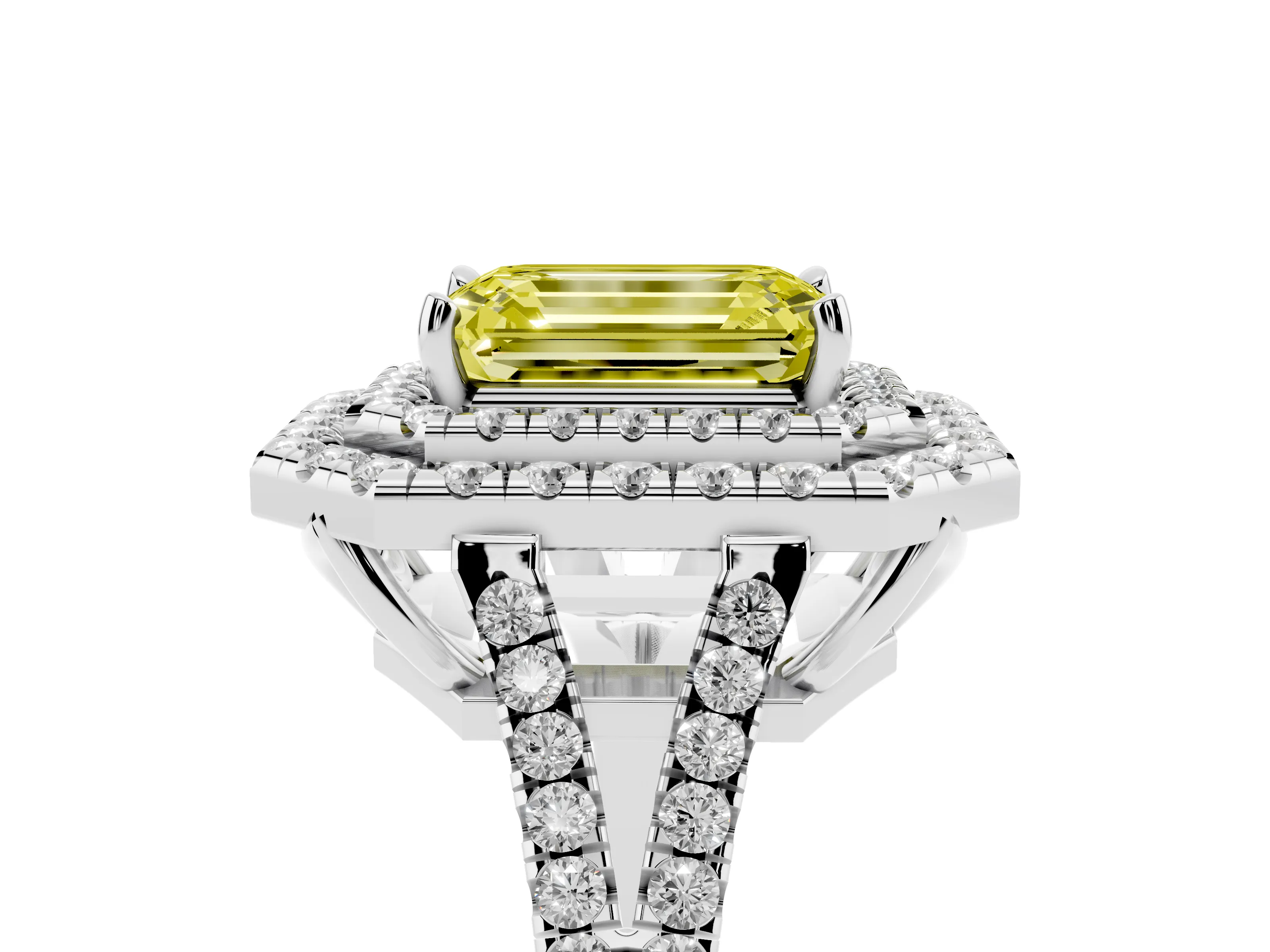 Fancy Yellow Emerald Cut Diamond Double Halo Ring Set in Silver with Pavé Band