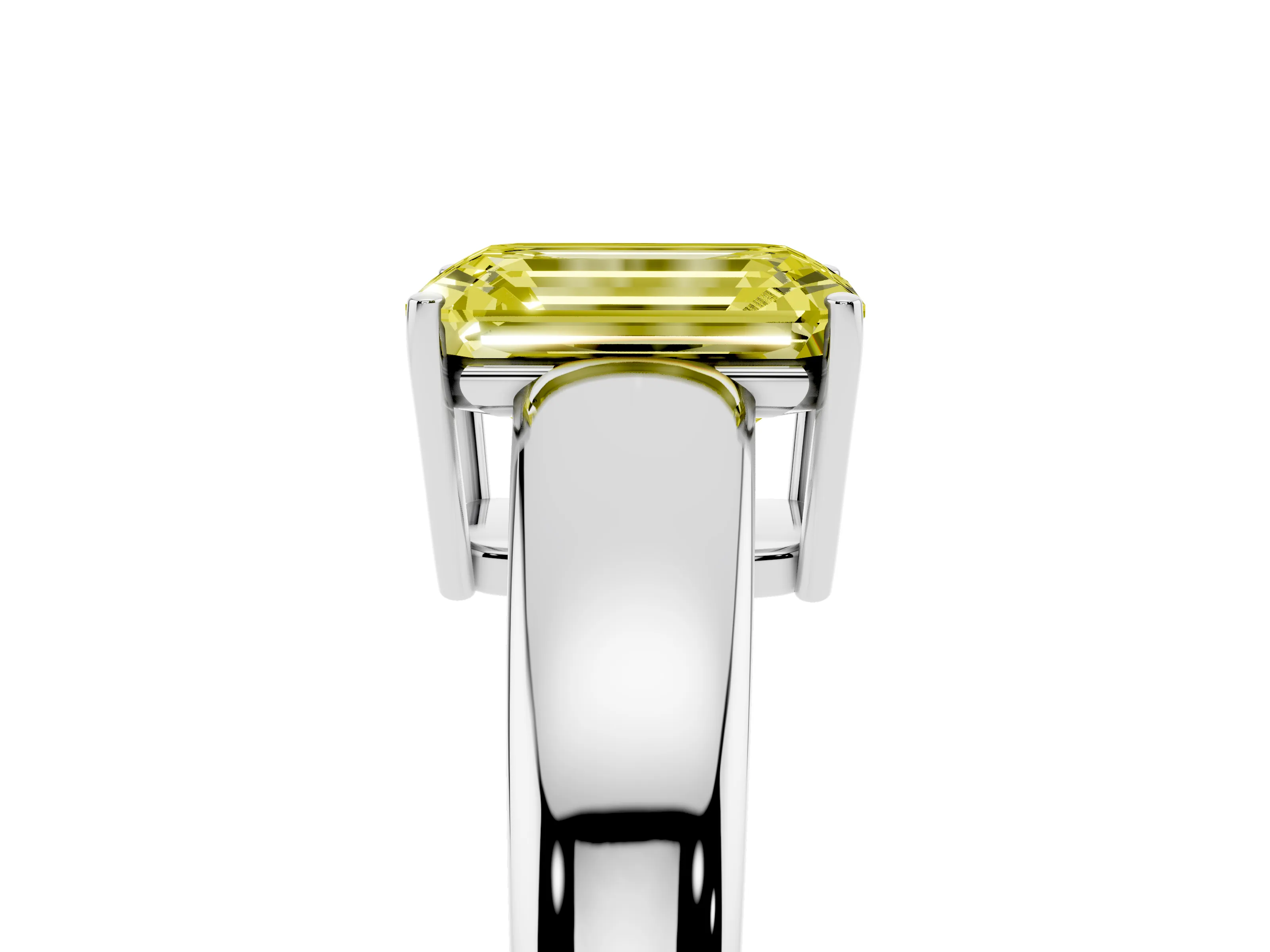 Fancy Yellow Emerald Cut Diamond Solitaire Ring Set in White gold with Tapered Band and Prong Setting