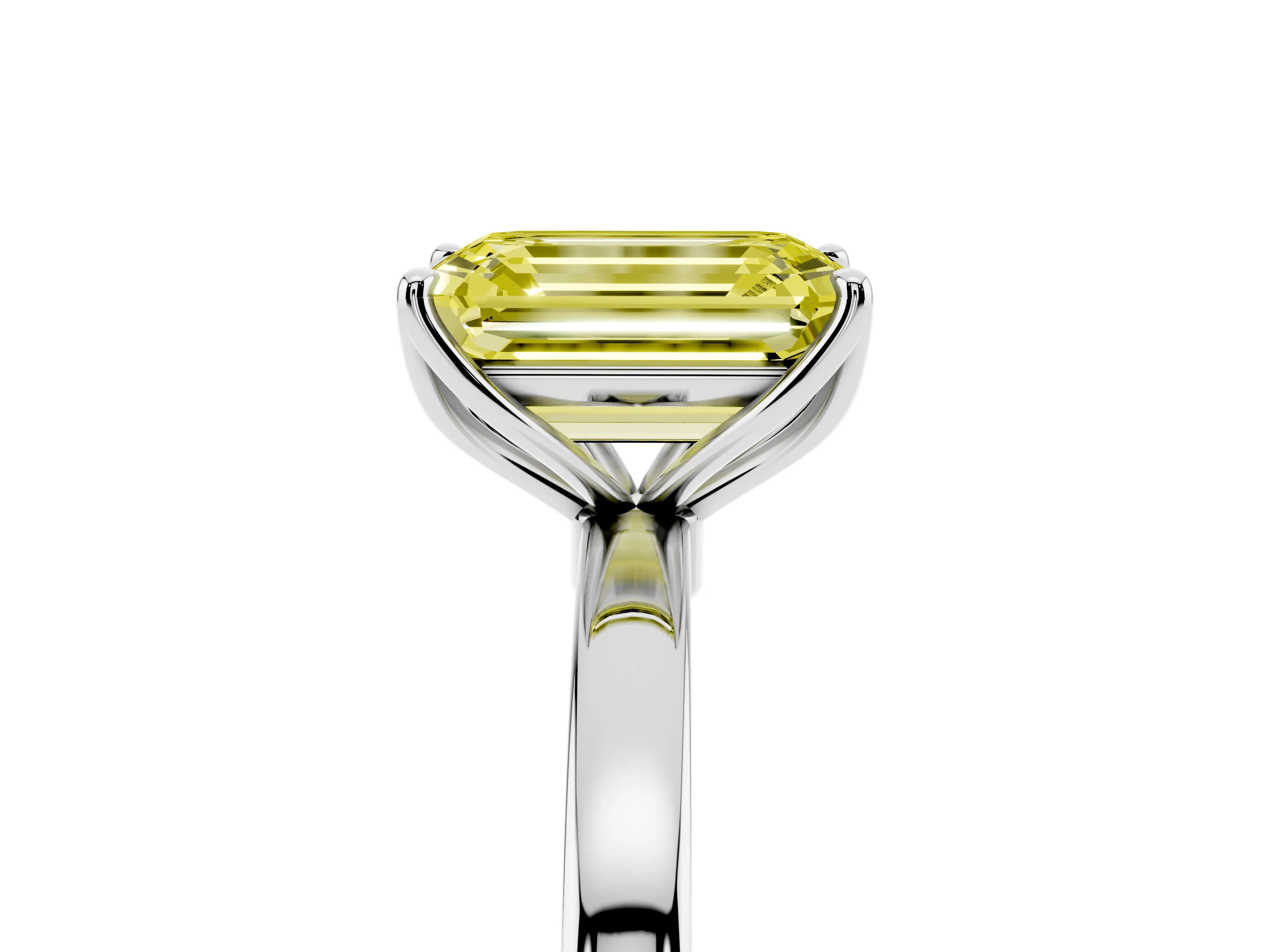 Fancy Yellow Emerald Cut Diamond Solitaire Ring Set in White gold with Prong Setting and Thin Polished Band
