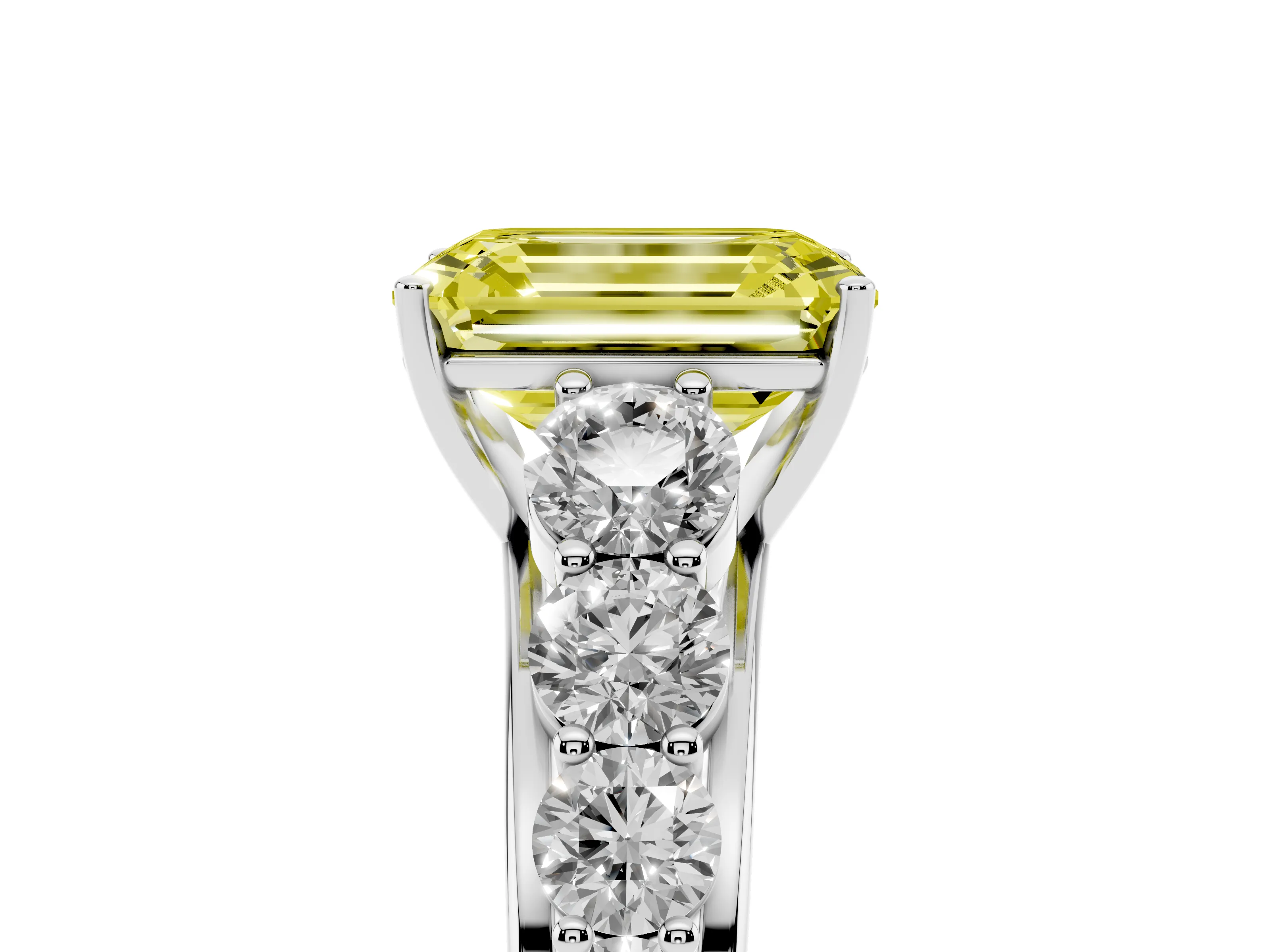 Fancy Yellow Emerald Cut Diamond Solitaire Ring Set in Platinum with Pavé-Set Band and Prong Setting
