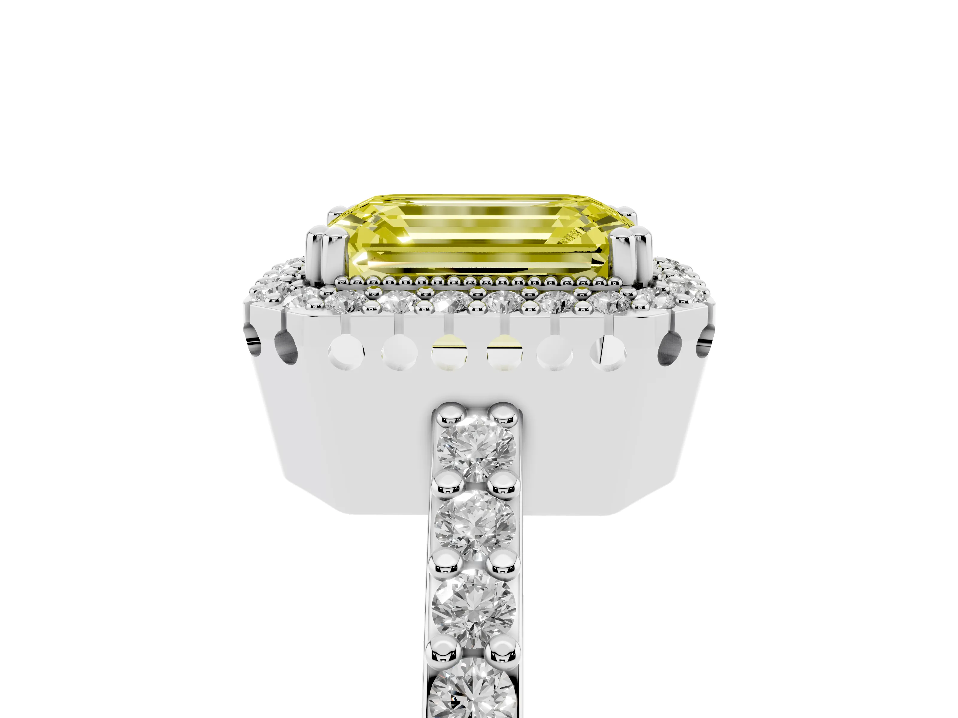 Fancy Yellow Emerald Cut Diamond Halo Engagement Ring Set in White gold with Milgrain Detail and Pavé Band