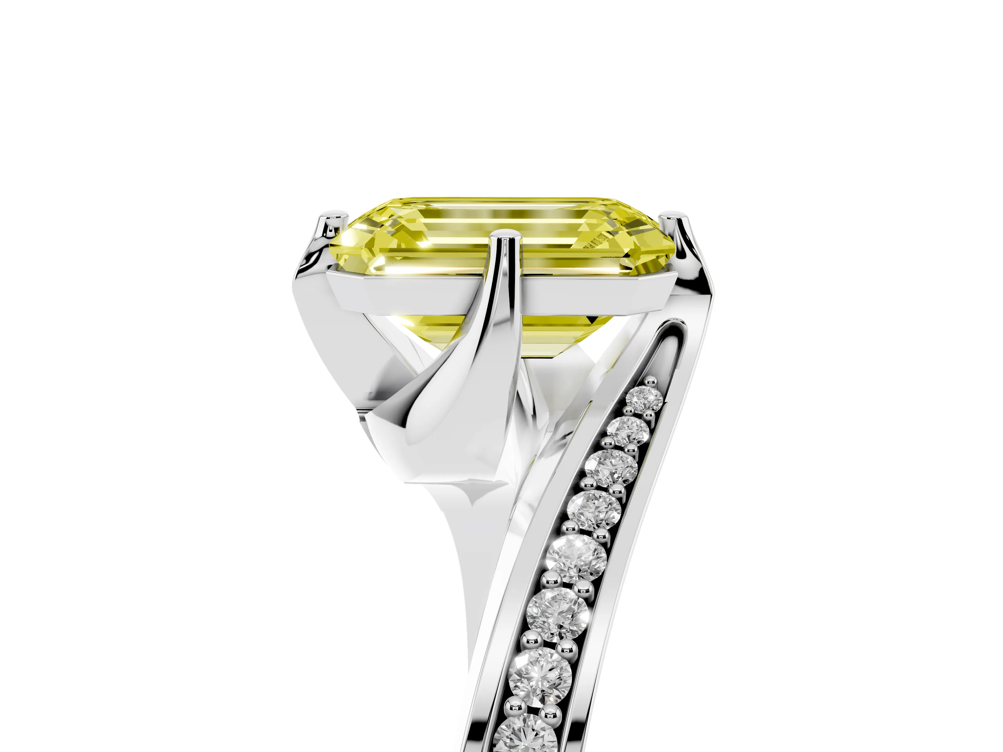 Fancy Yellow Emerald Cut Diamond Solitaire Ring Set in Silver with Intertwined Pavé Twist Band
