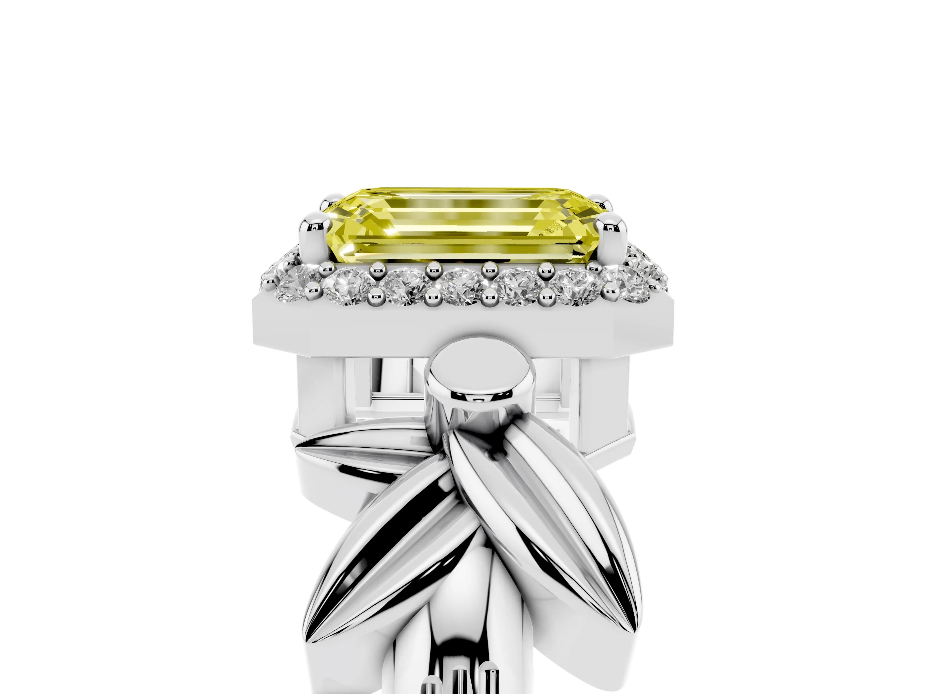 Fancy Yellow Emerald Cut Diamond Halo Floral Band Ring Set in Platinum with Prong Setting