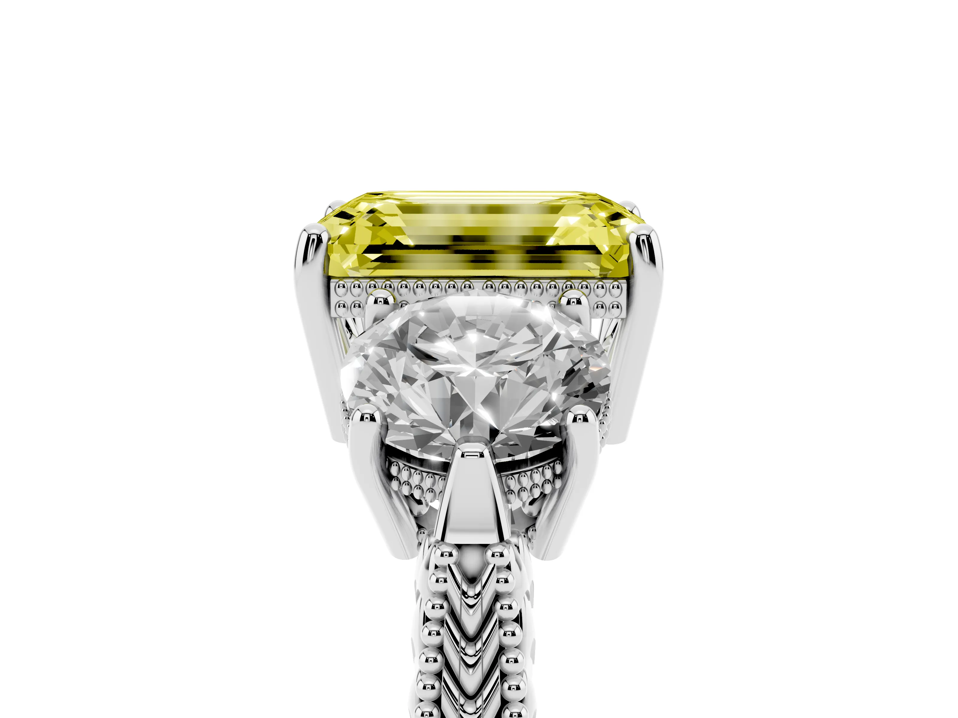 Fancy Yellow Emerald Cut Diamond Three-Stone Ring Set in Platinum with Milgrain Band