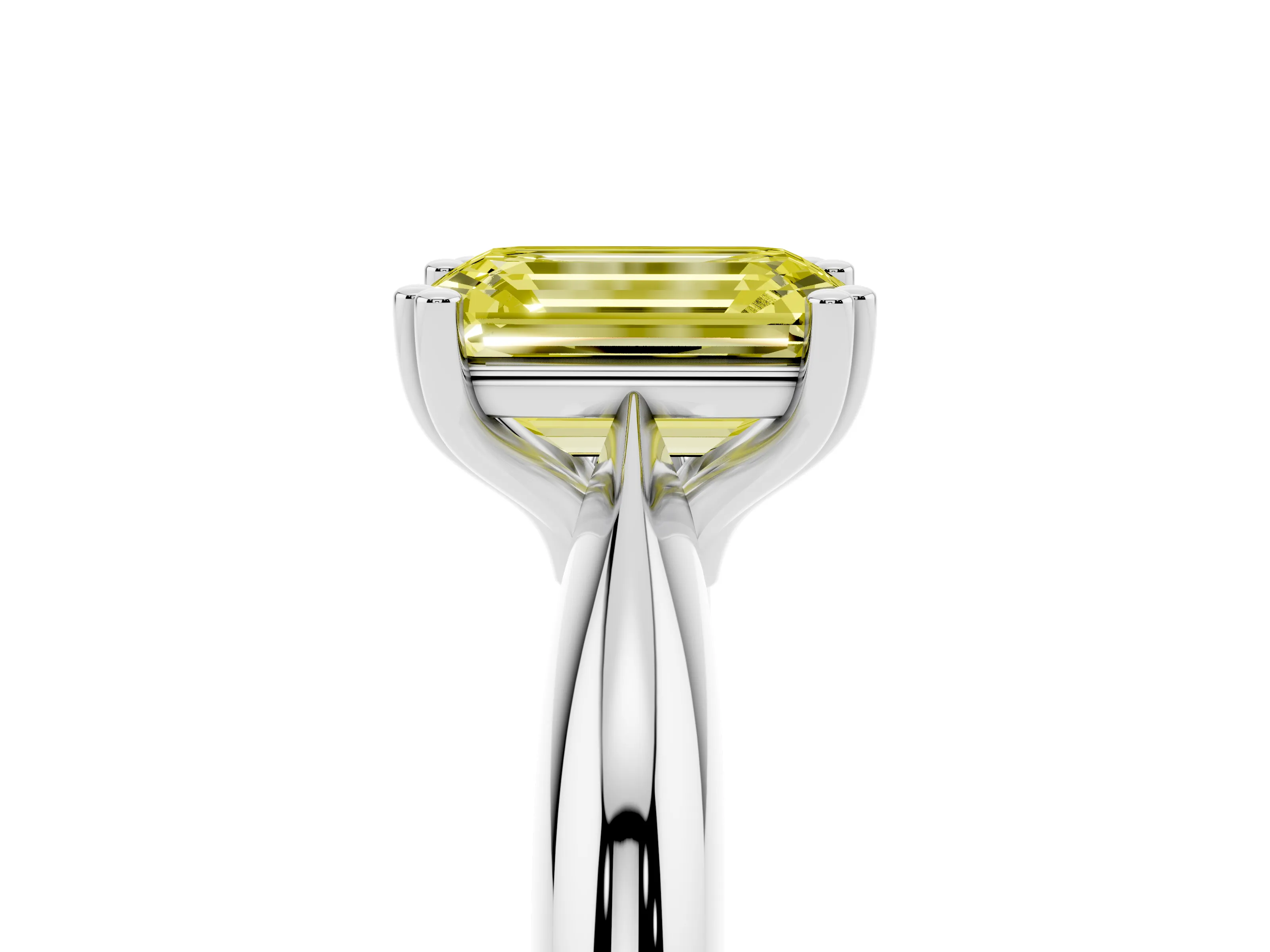 Fancy Yellow Emerald Cut Diamond Solitaire Engagement Ring Set in Platinum with Tapered Band and Prong Setting