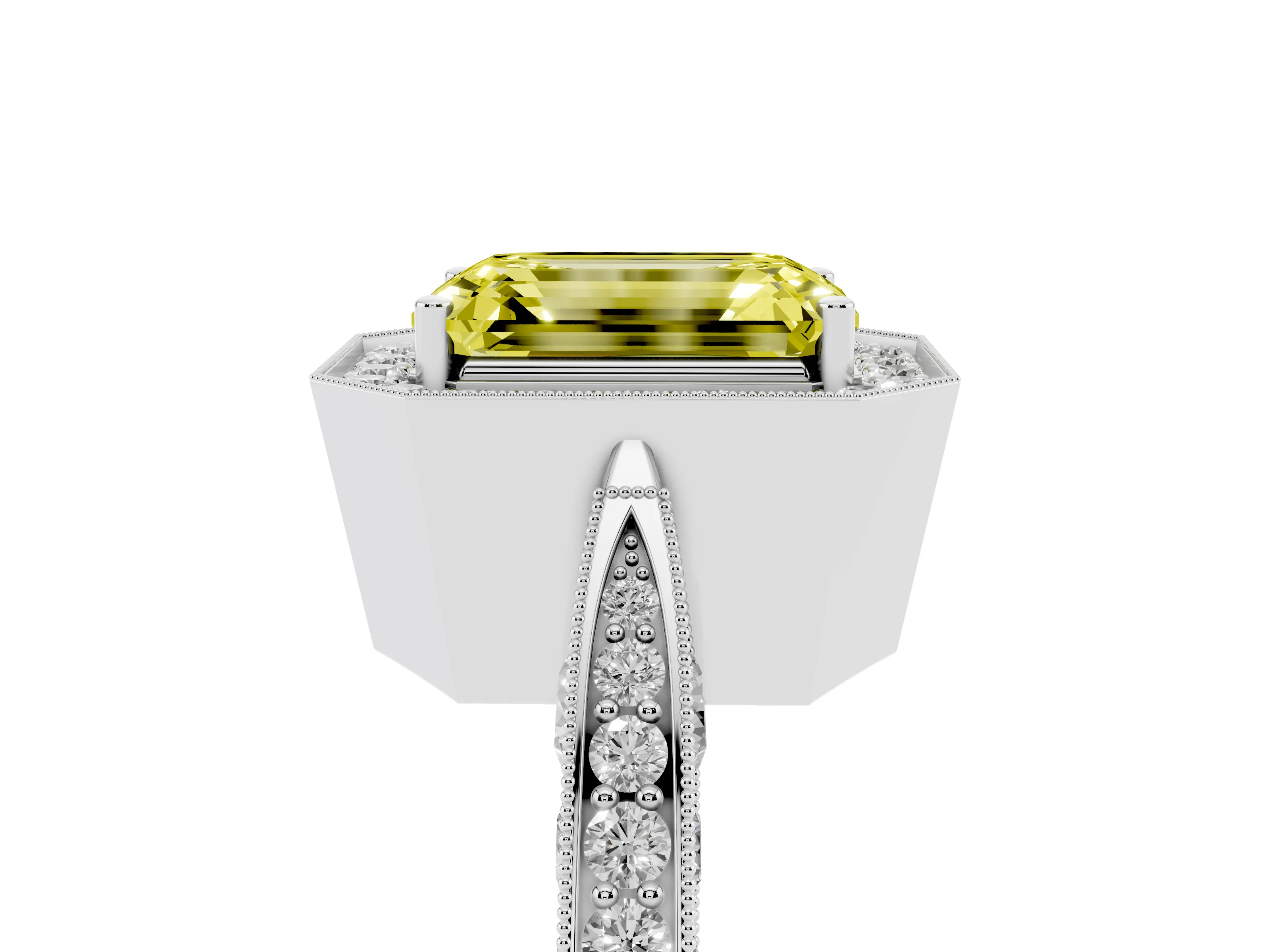 Fancy Yellow Emerald Cut Diamond Halo Engagement Ring Set in Platinum with Accent Split Shank Band