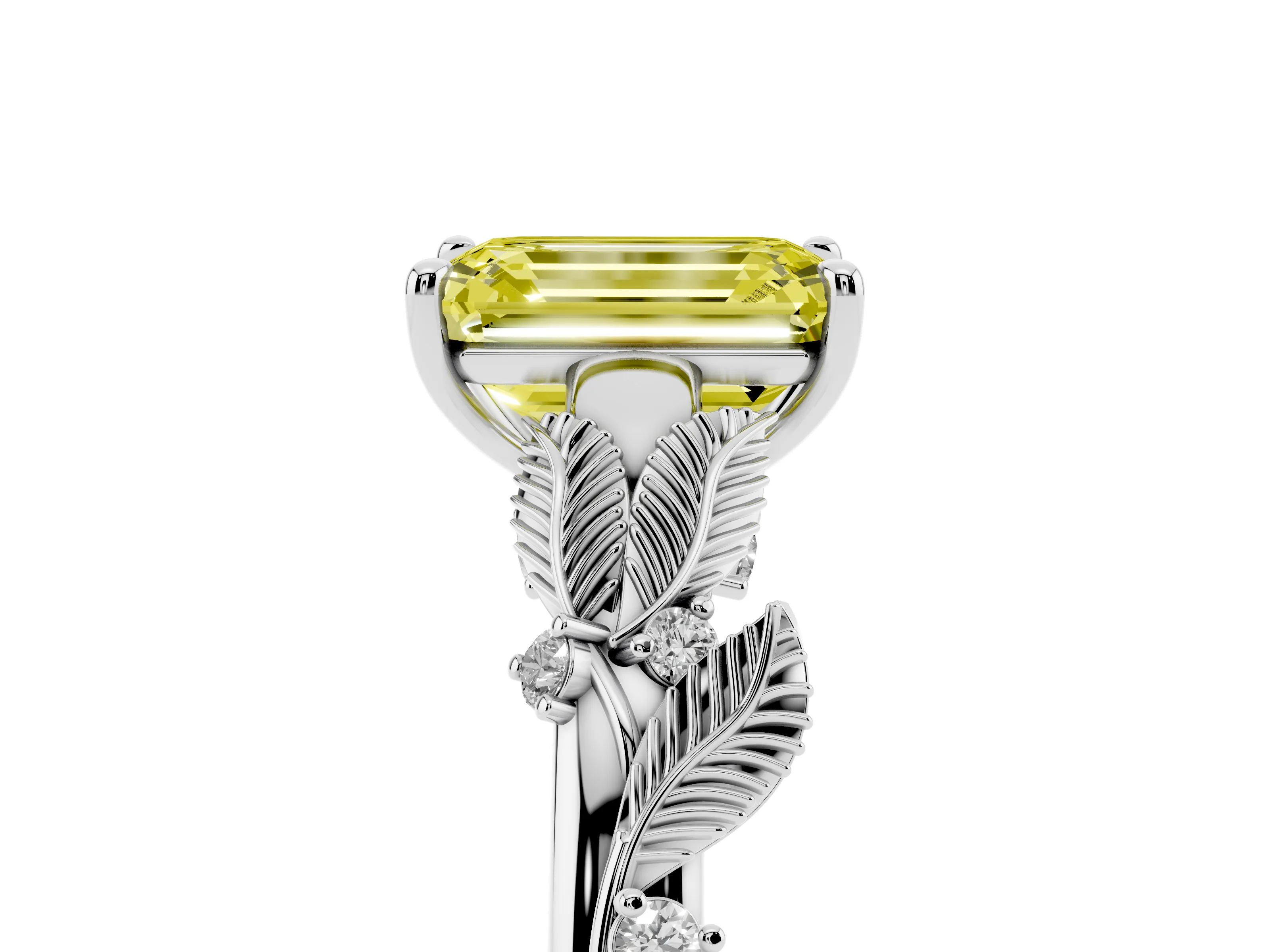 Fancy Yellow Emerald Cut Diamond Solitaire Ring Set in Silver with Leaf Motif Band