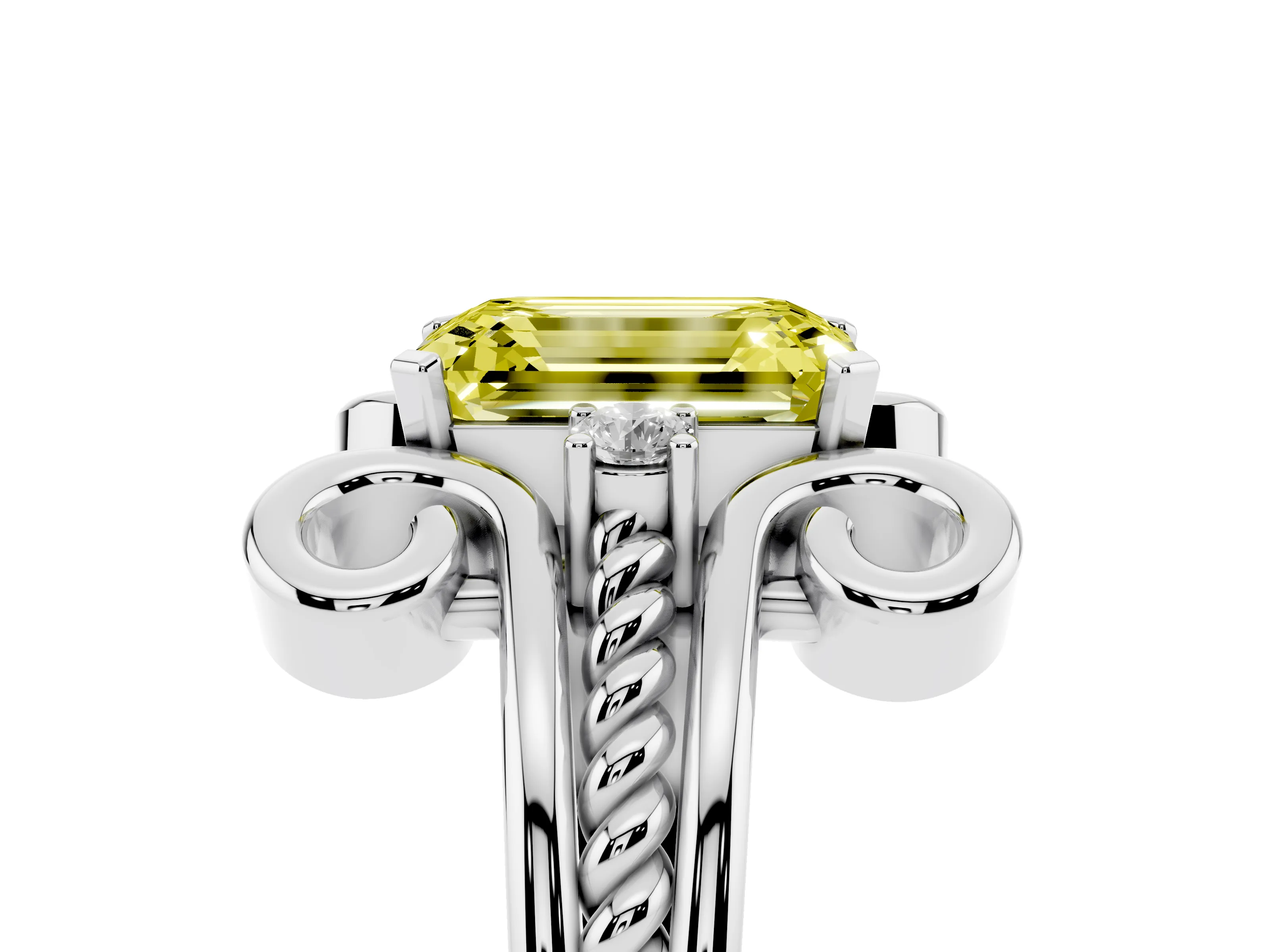 Fancy Yellow Emerald Cut Diamond Twisted Band Solitaire Ring Set in Platinum with Scroll Prongs