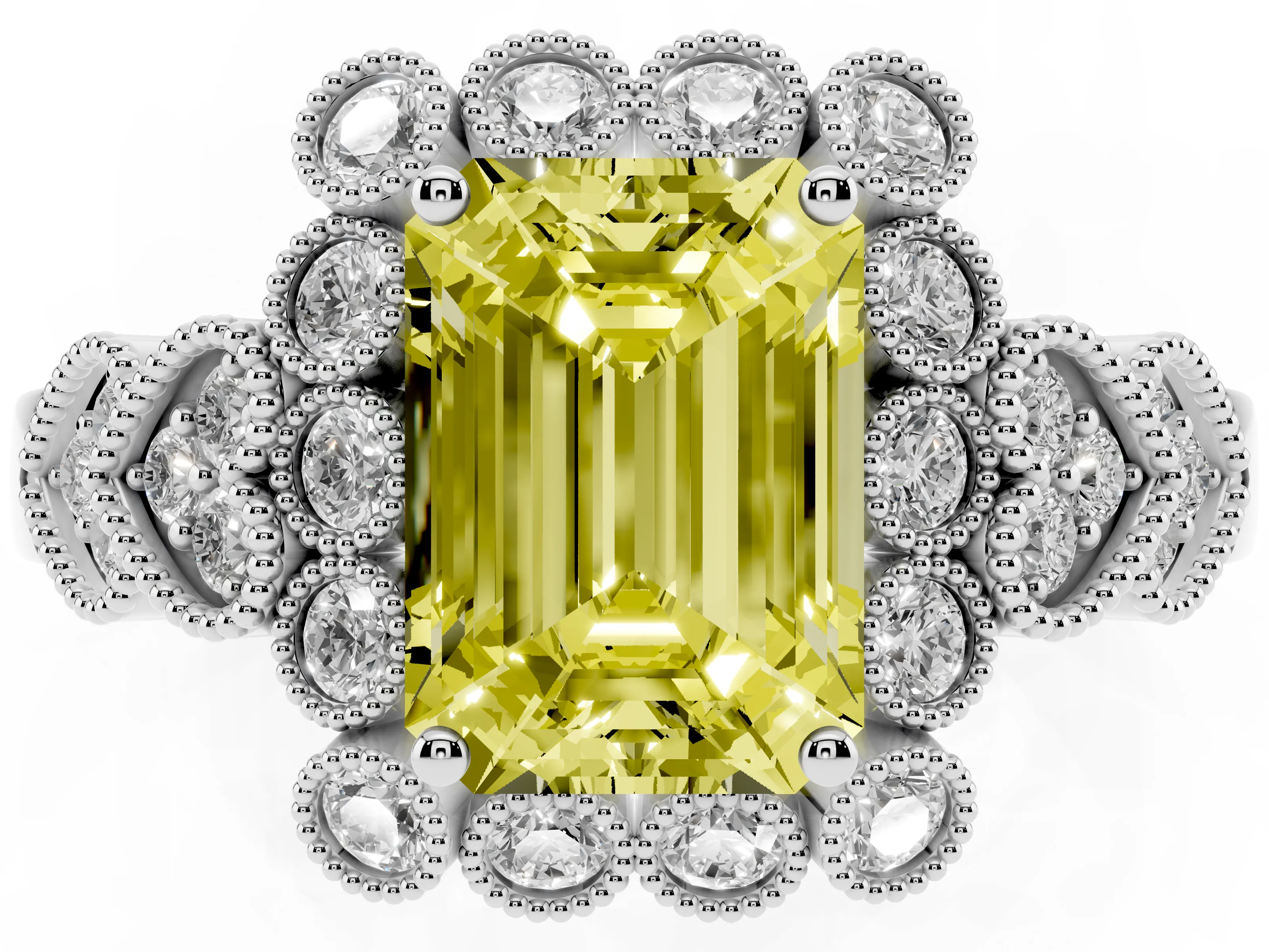 Fancy Yellow Emerald Cut Diamond Solitaire Ring Set in White gold with Milgrain Pavé Heart Band