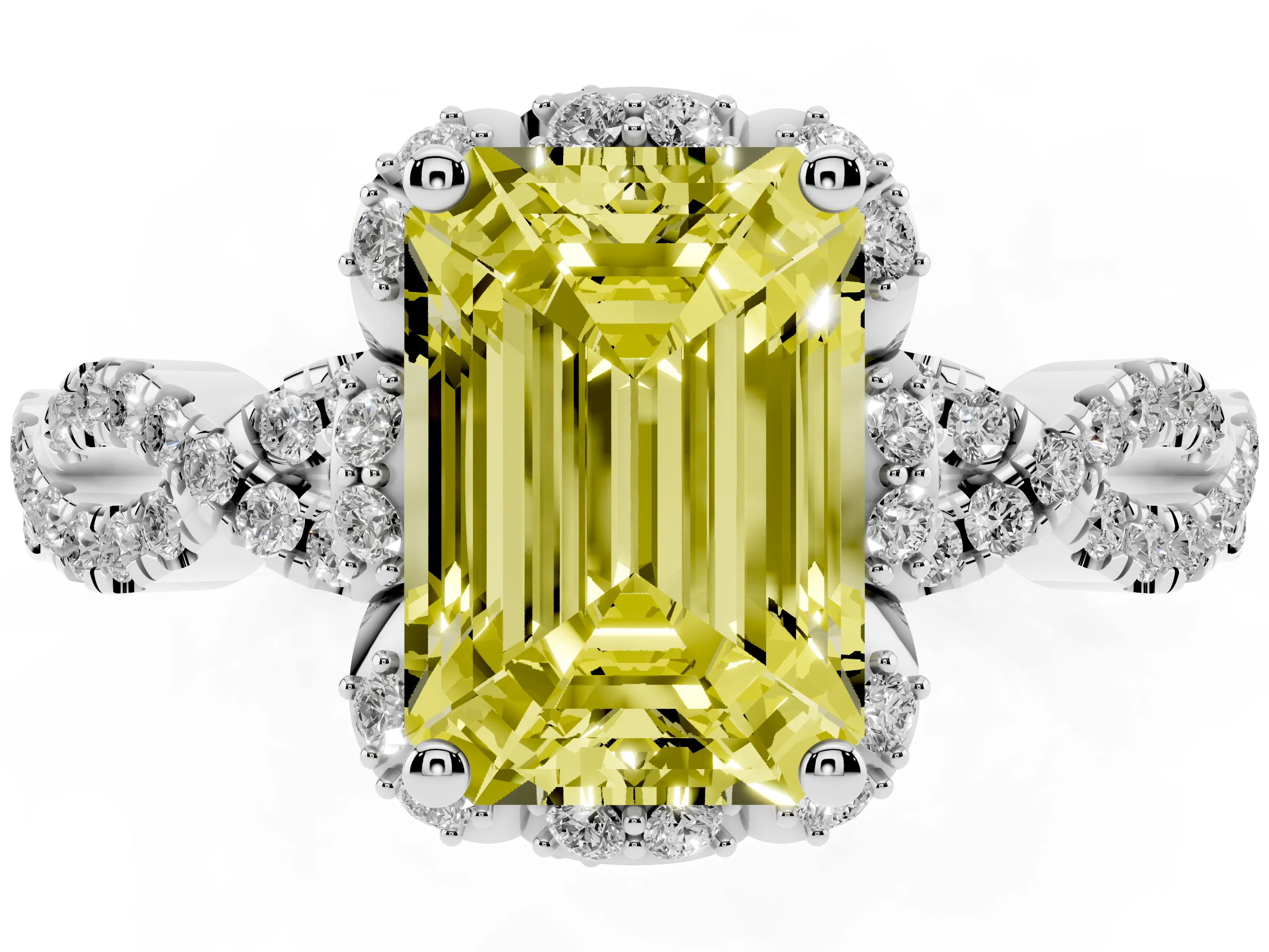 Fancy Yellow Emerald Cut Diamond Halo Twist Band Solitaire Ring Set in Platinum with Prong-Set Center Stone