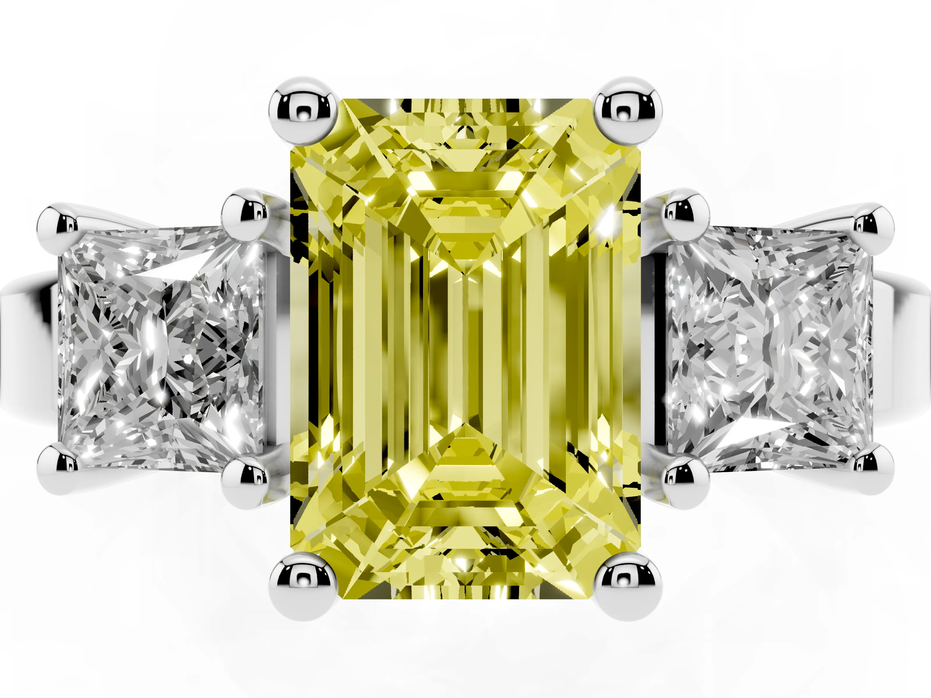 Fancy Yellow Three-Stone Emerald Cut Diamond Solitaire Ring Set in Platinum with Prong Setting