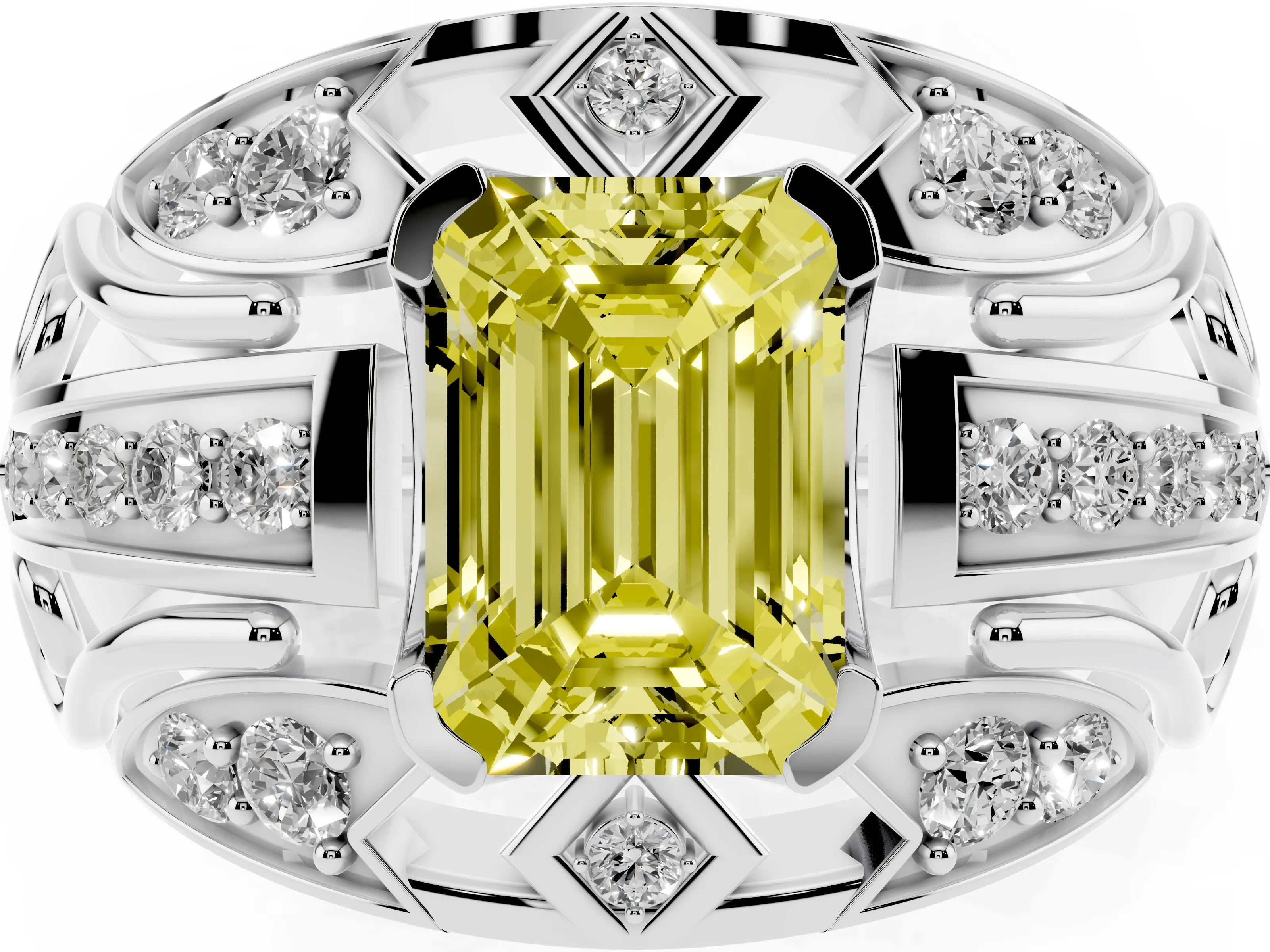 Fancy Yellow Emerald Cut Diamond Art Deco Ring Set in Platinum with Pavé Split Shank