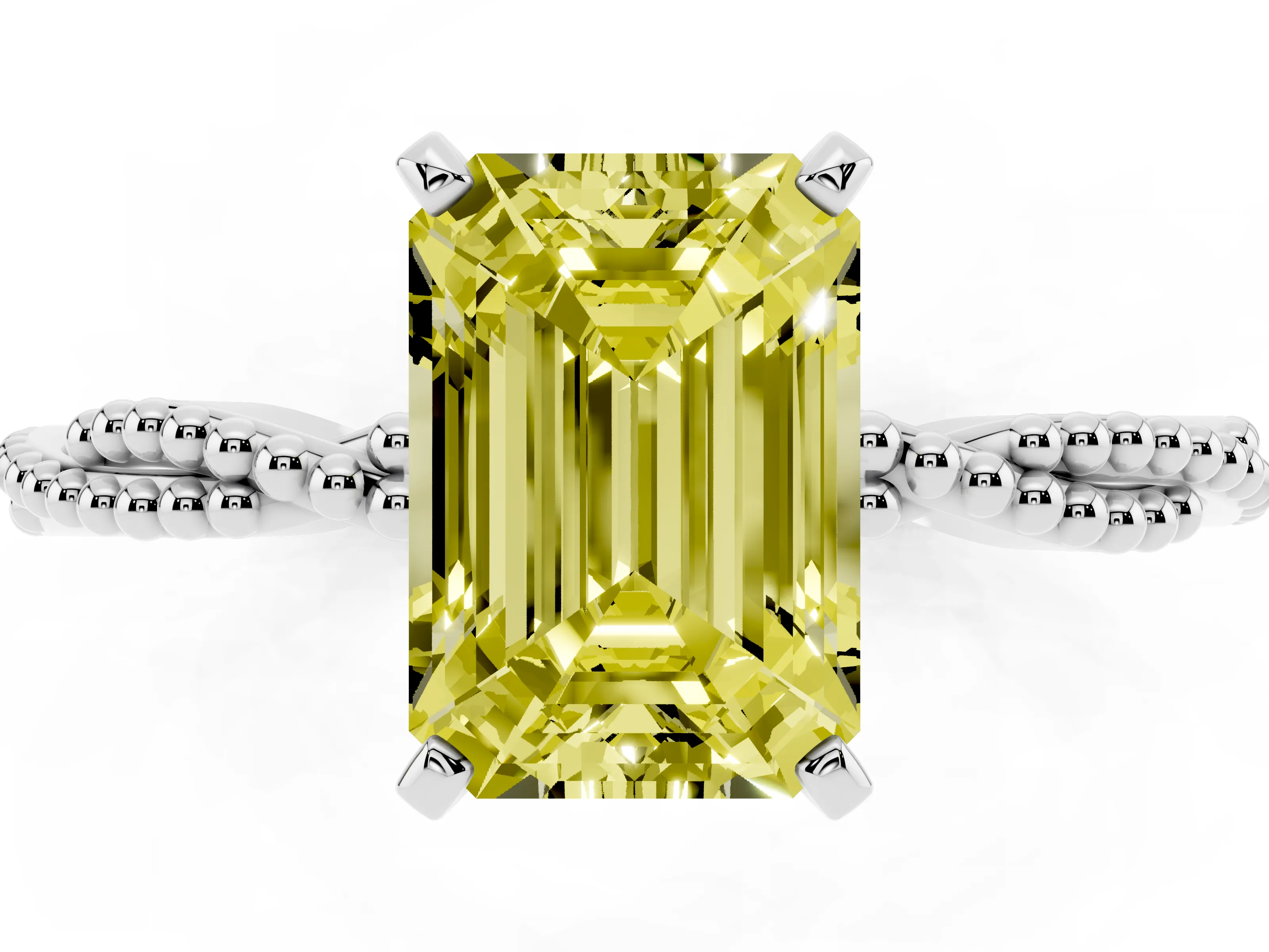 Fancy Yellow Emerald Cut Diamond Solitaire Ring Set in White gold with Twisted Band and Bead Prong Setting