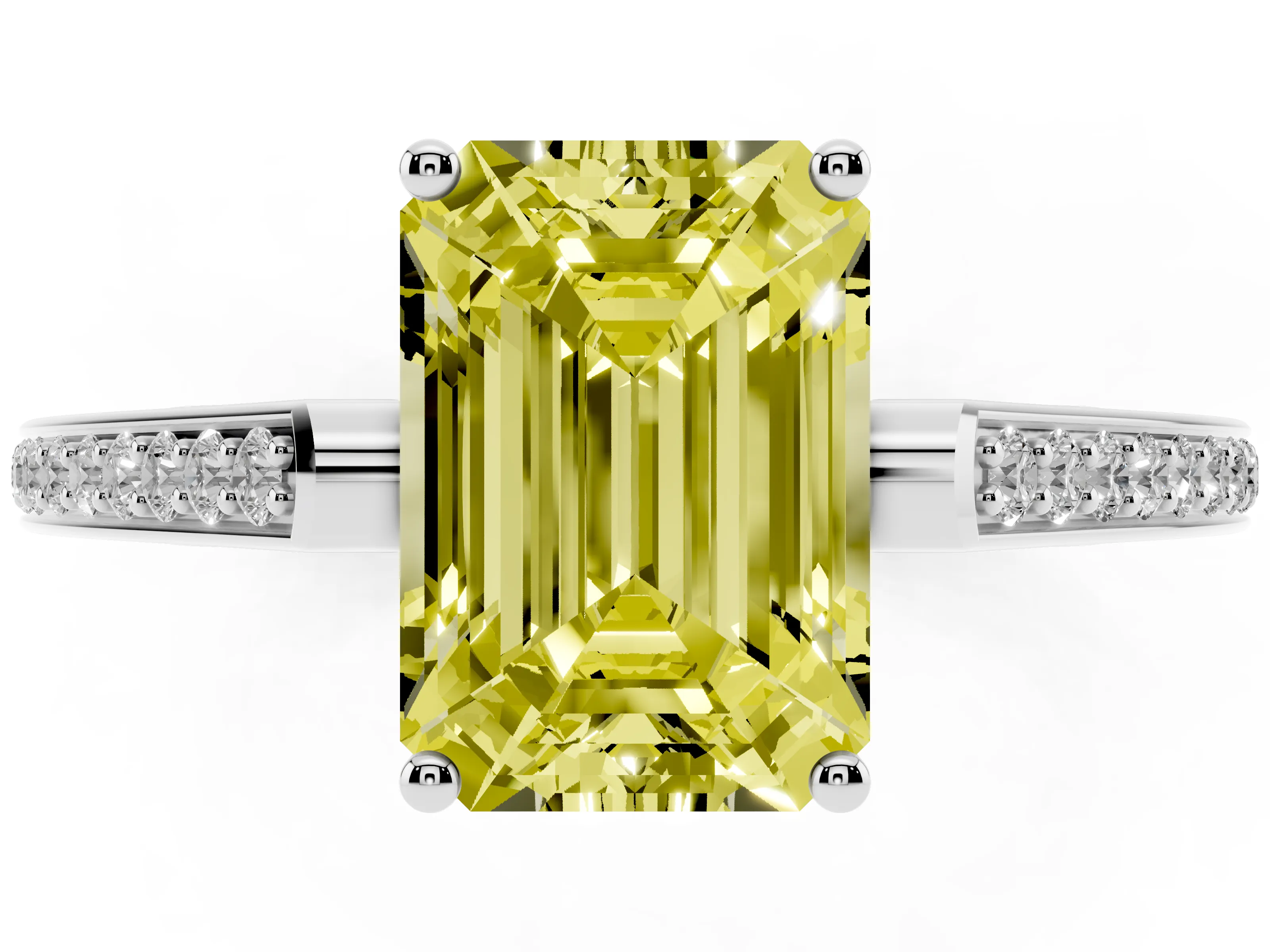 Fancy Yellow Emerald Cut Diamond Cathedral Pavé Engagement Ring Set in Silver with Prong Setting