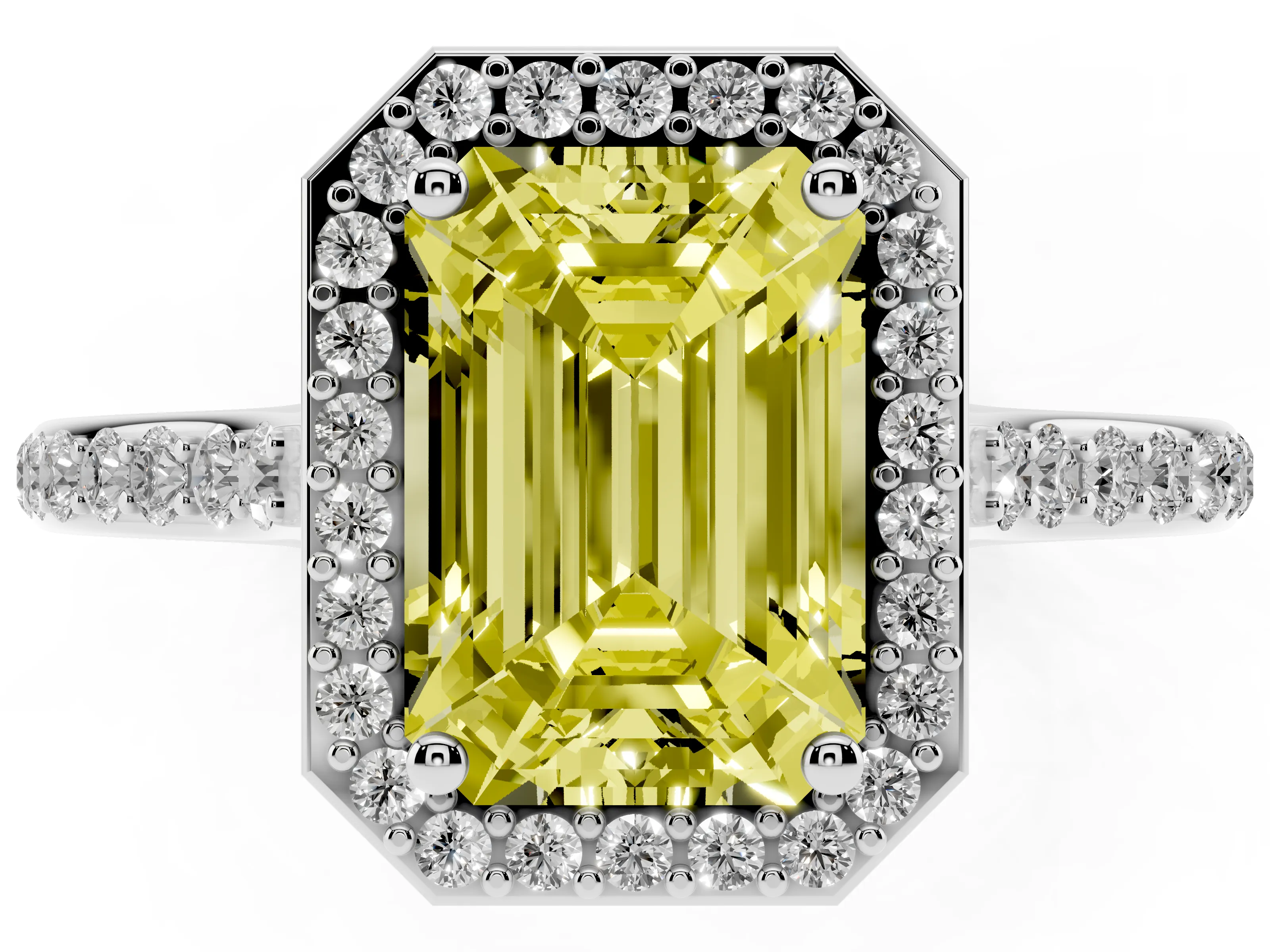 Fancy Yellow Emerald Cut Diamond Halo Engagement Ring Set in Silver with Round Pavé Shoulders and Heart Gallery