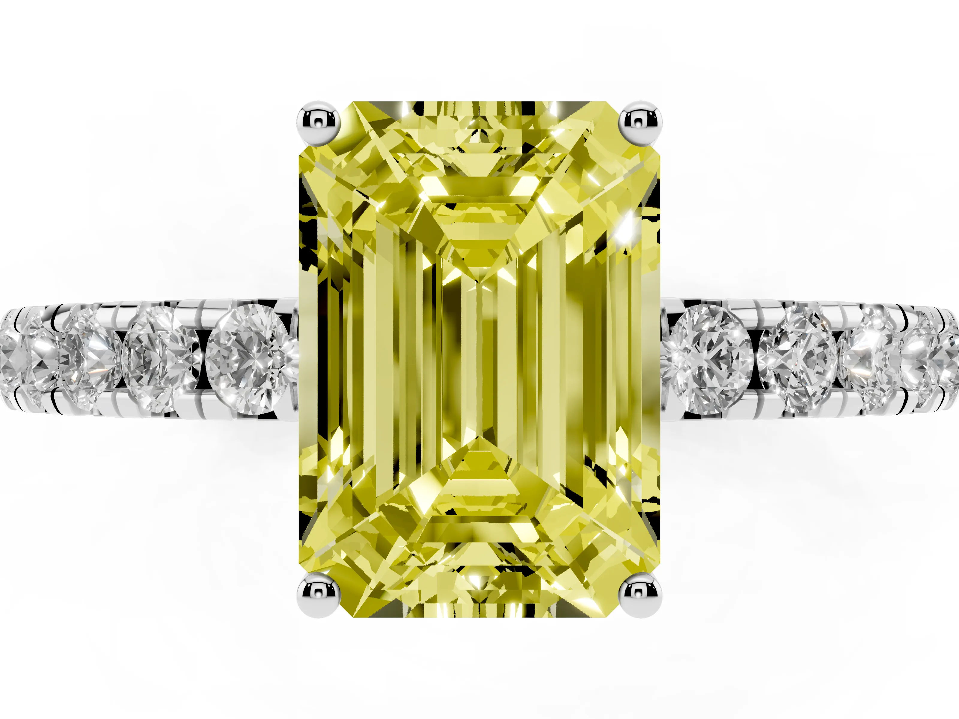 Fancy Yellow Emerald Cut Diamond Pavé Solitaire Engagement Ring Set in Platinum with Prong Setting