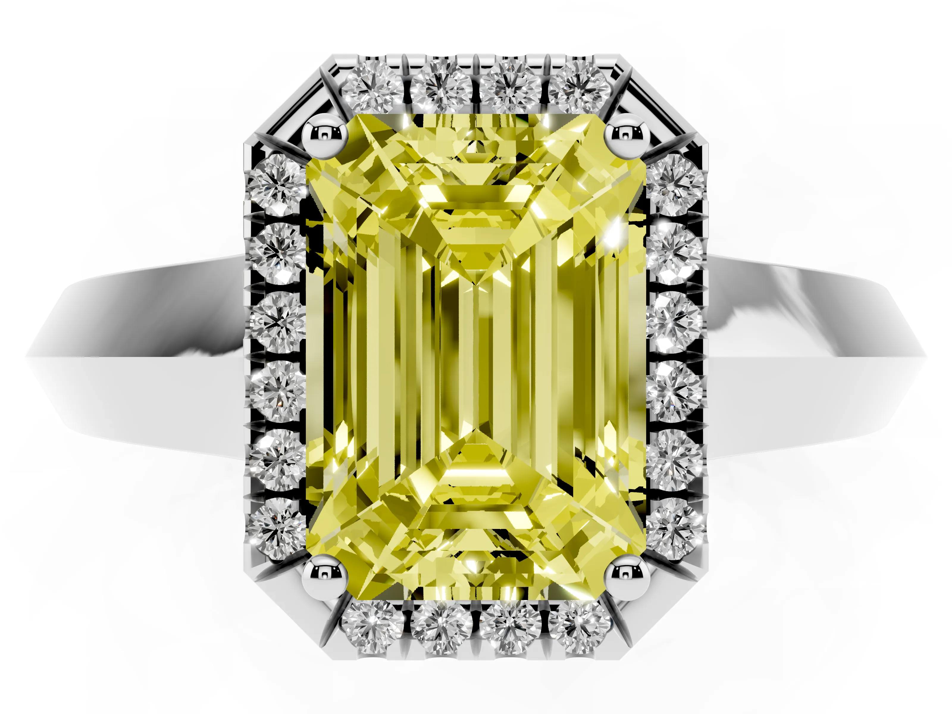 Fancy Yellow Emerald Cut Diamond Halo Ring Set in White gold with Cathedral Band and Prong Setting