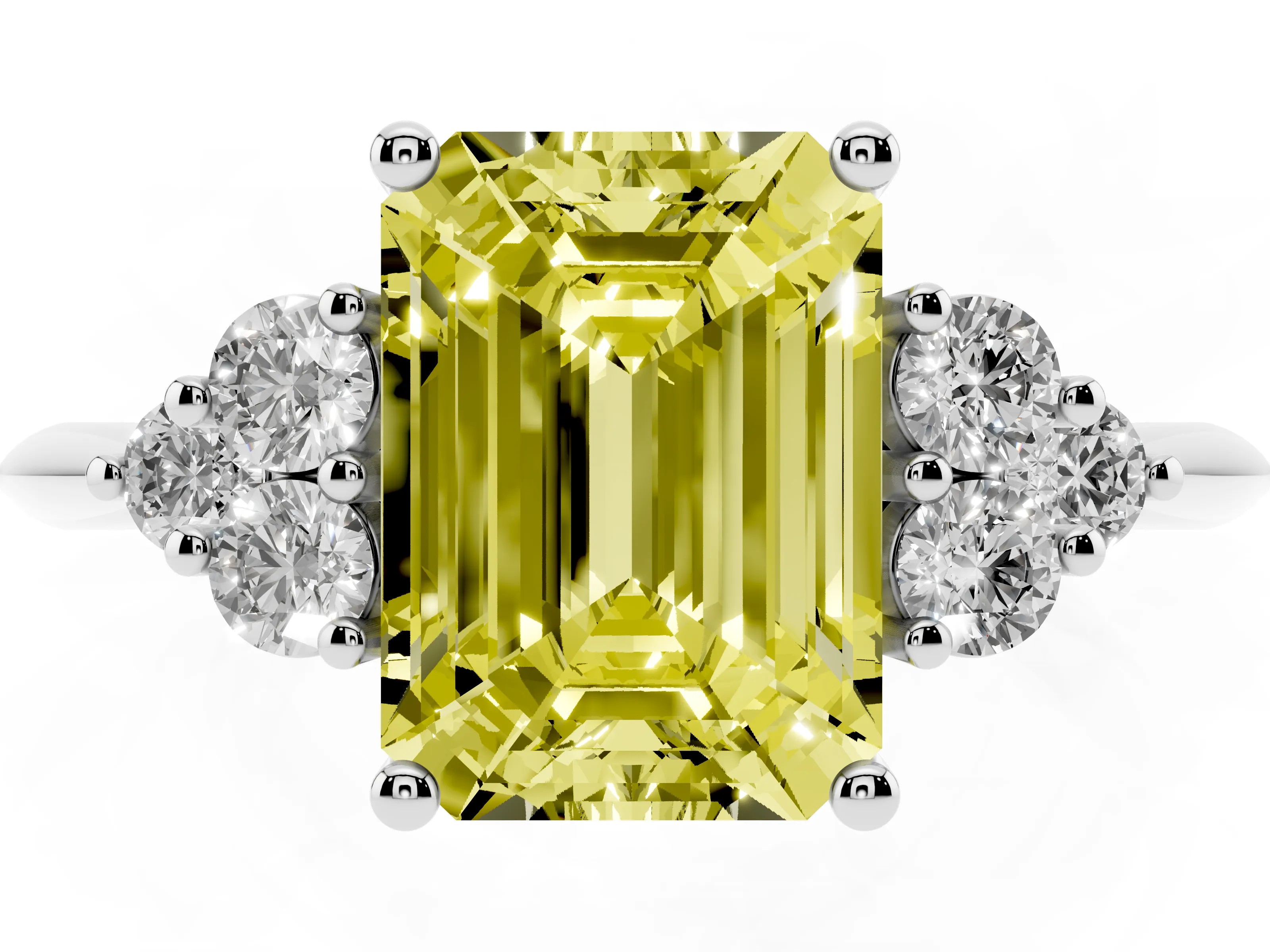 Fancy Yellow Emerald Cut Diamond Cluster Ring Set in Silver with Plain Band and Prong Setting