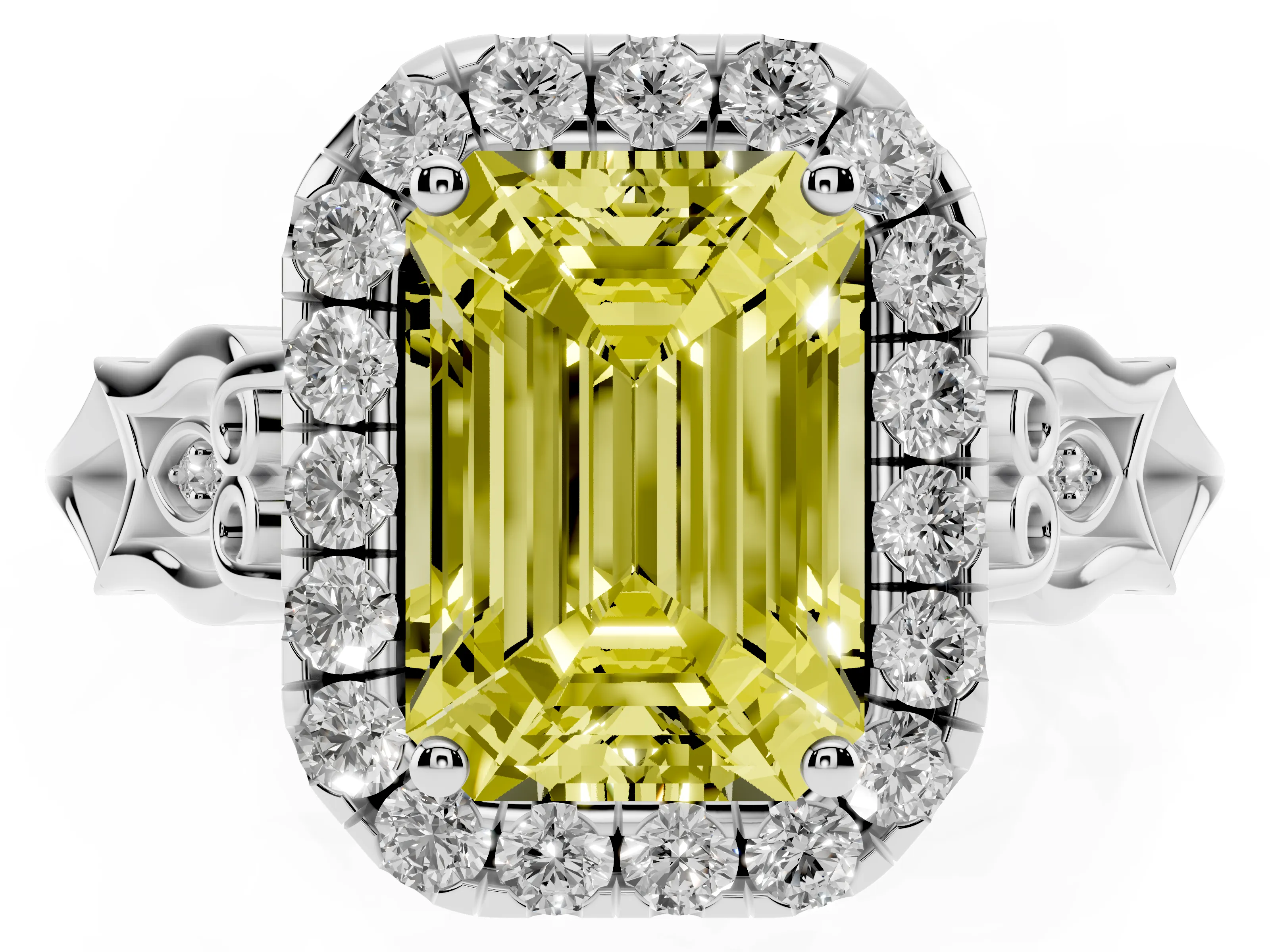 Fancy Yellow Emerald Cut Diamond Halo Engagement Ring Set in Platinum with Filigree Band and Prong-Set Center