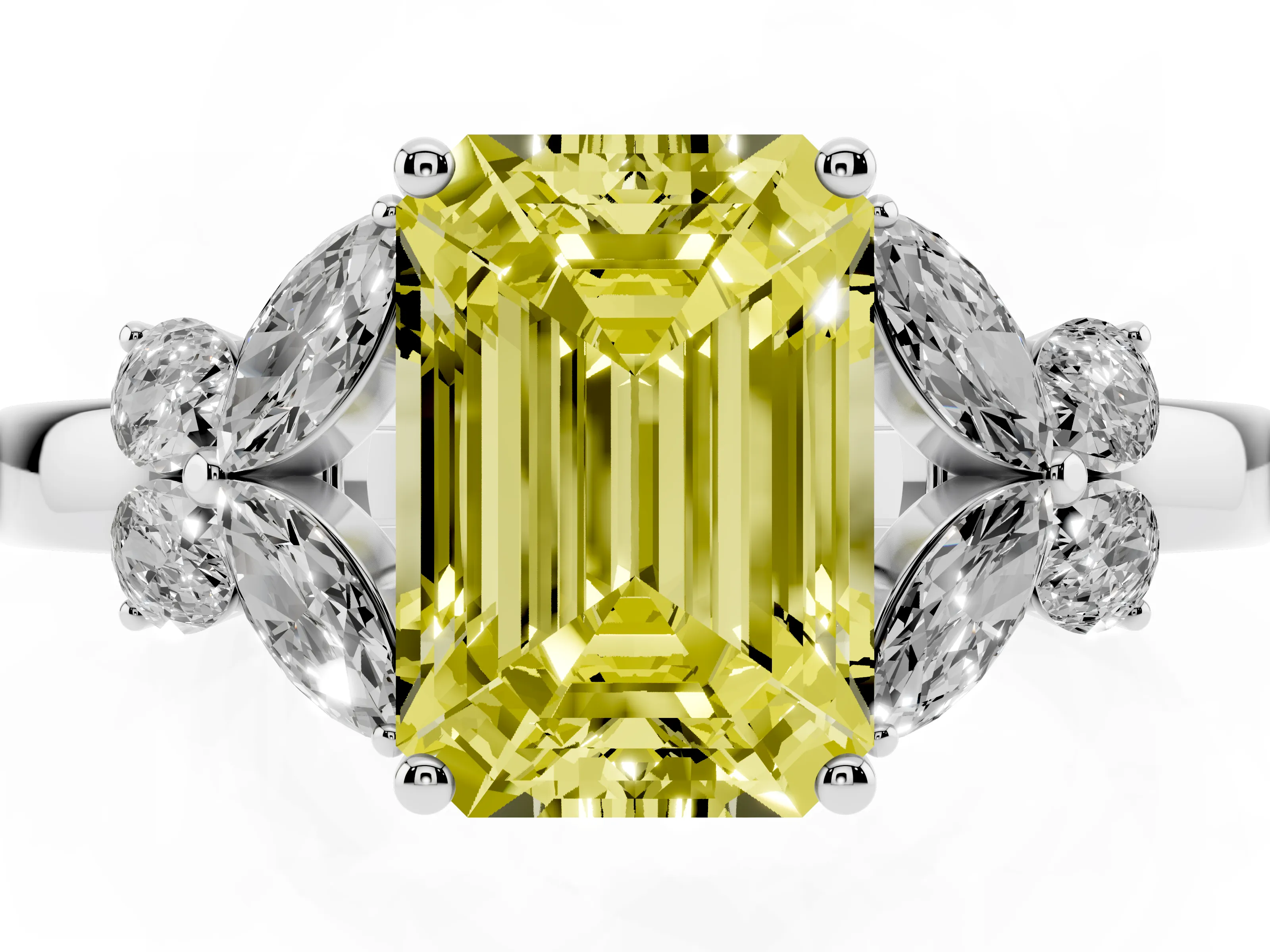 Fancy Yellow Emerald Cut Diamond Solitaire Floral Ring Set in Silver with Marquise Petals and Prong Setting