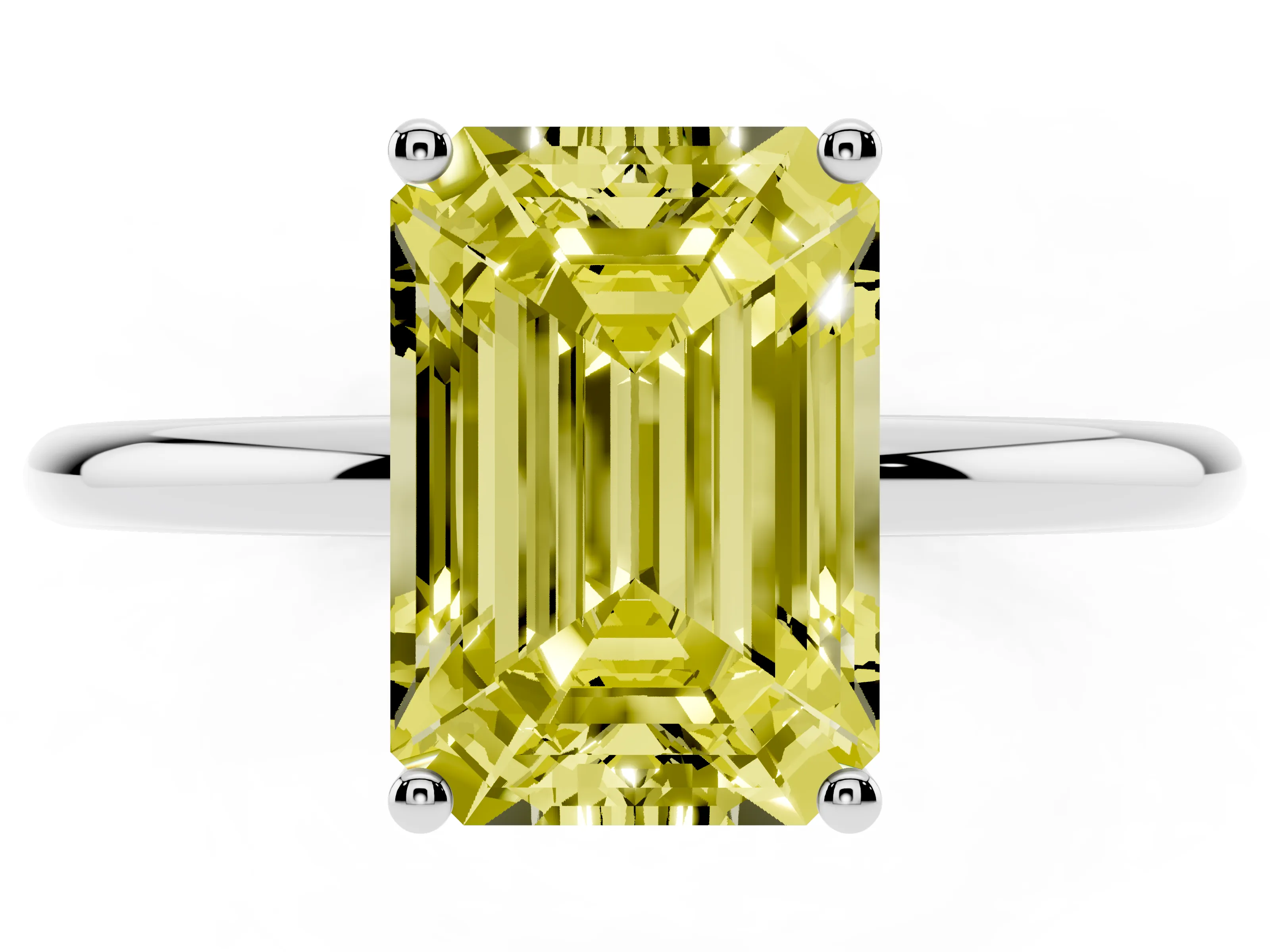 Fancy Yellow Emerald Cut Diamond Solitaire Engagement Ring Set in Platinum with Thin Band and Prong Setting
