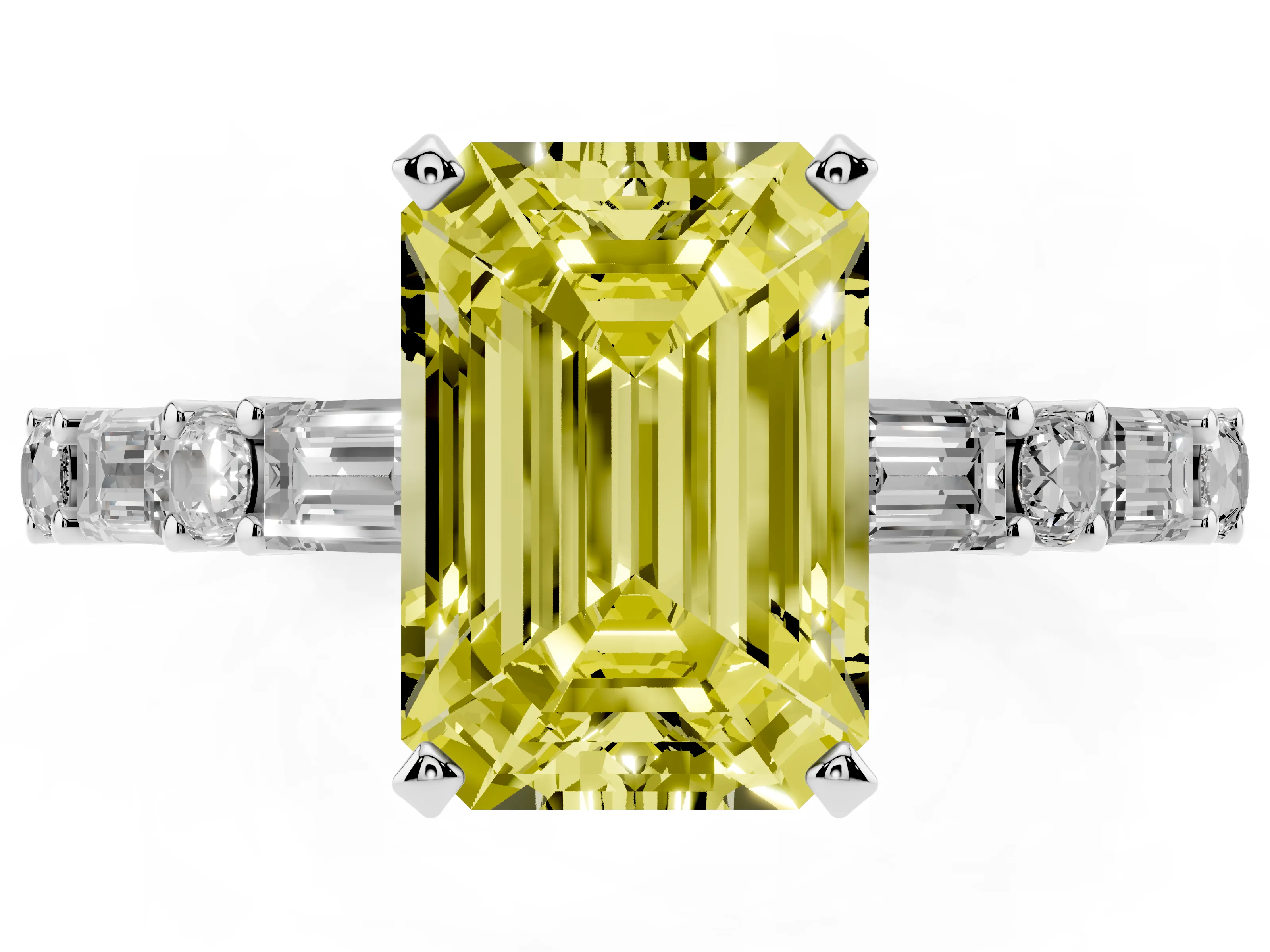 Fancy Yellow Emerald Cut Diamond Solitaire Set in Platinum with Side Baguettes and Channel Set Band
