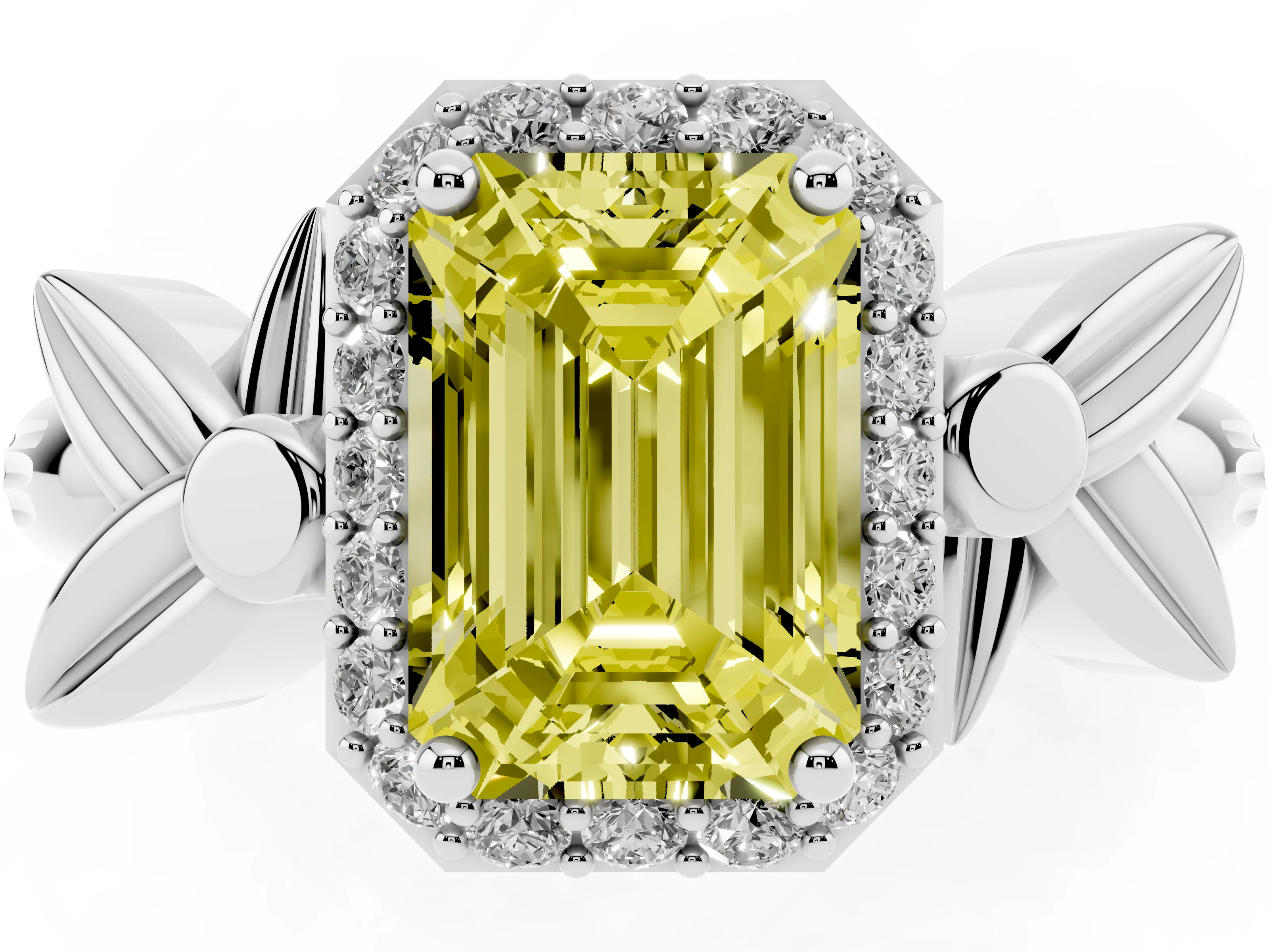 Fancy Yellow Emerald Cut Diamond Halo Floral Band Ring Set in Platinum with Prong Setting